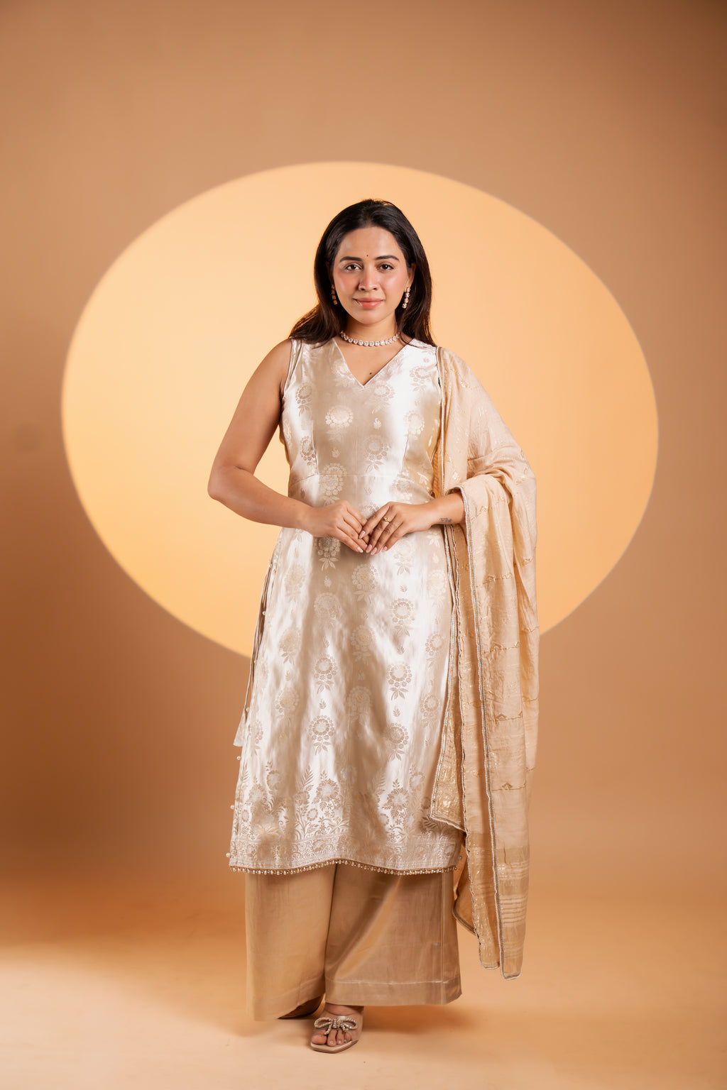 Champagne Gold Brocade Kurta Set with Dupatta