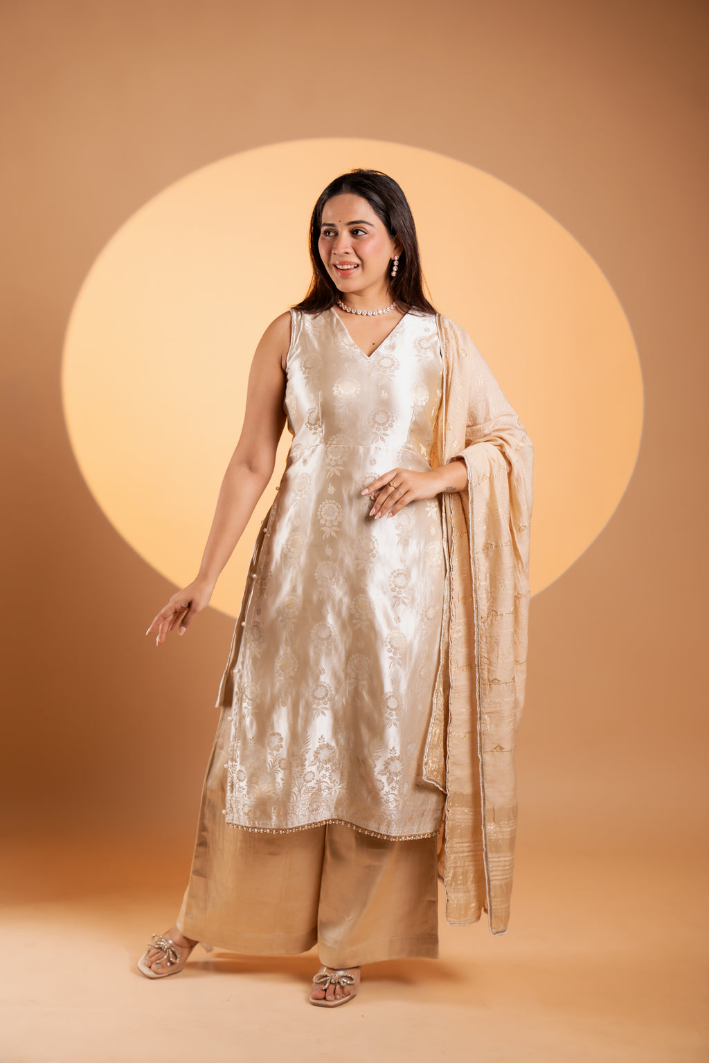 Champagne Gold Brocade Kurta Set with Dupatta