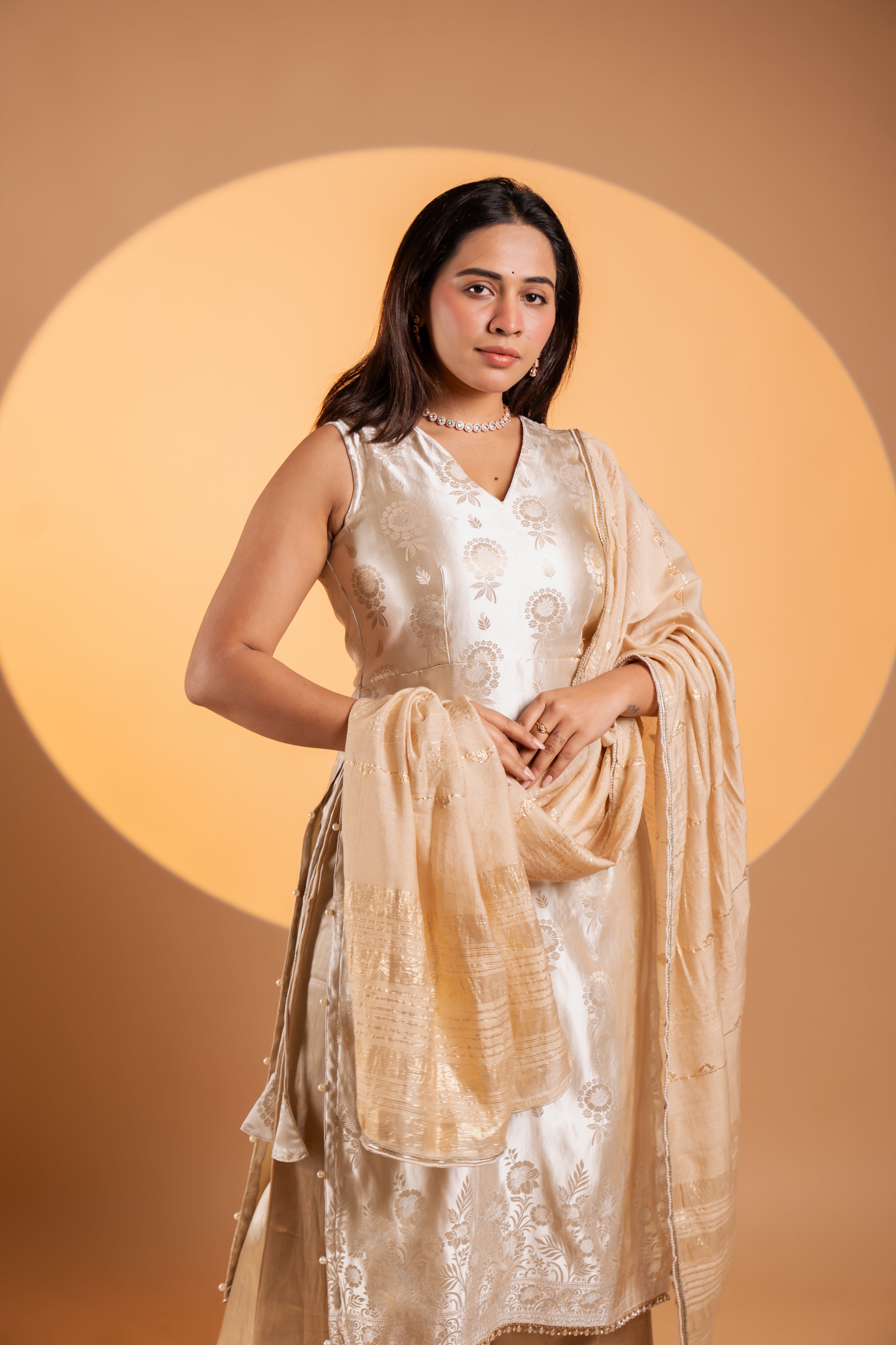 Champagne Gold Brocade Kurta Set with Dupatta