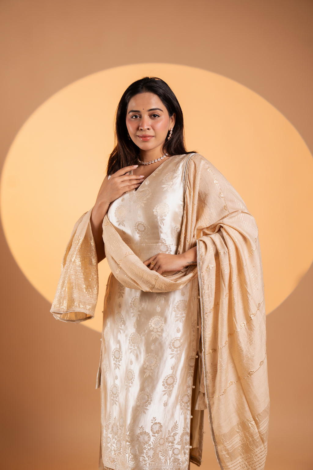 Champagne Gold Brocade Kurta Set with Dupatta