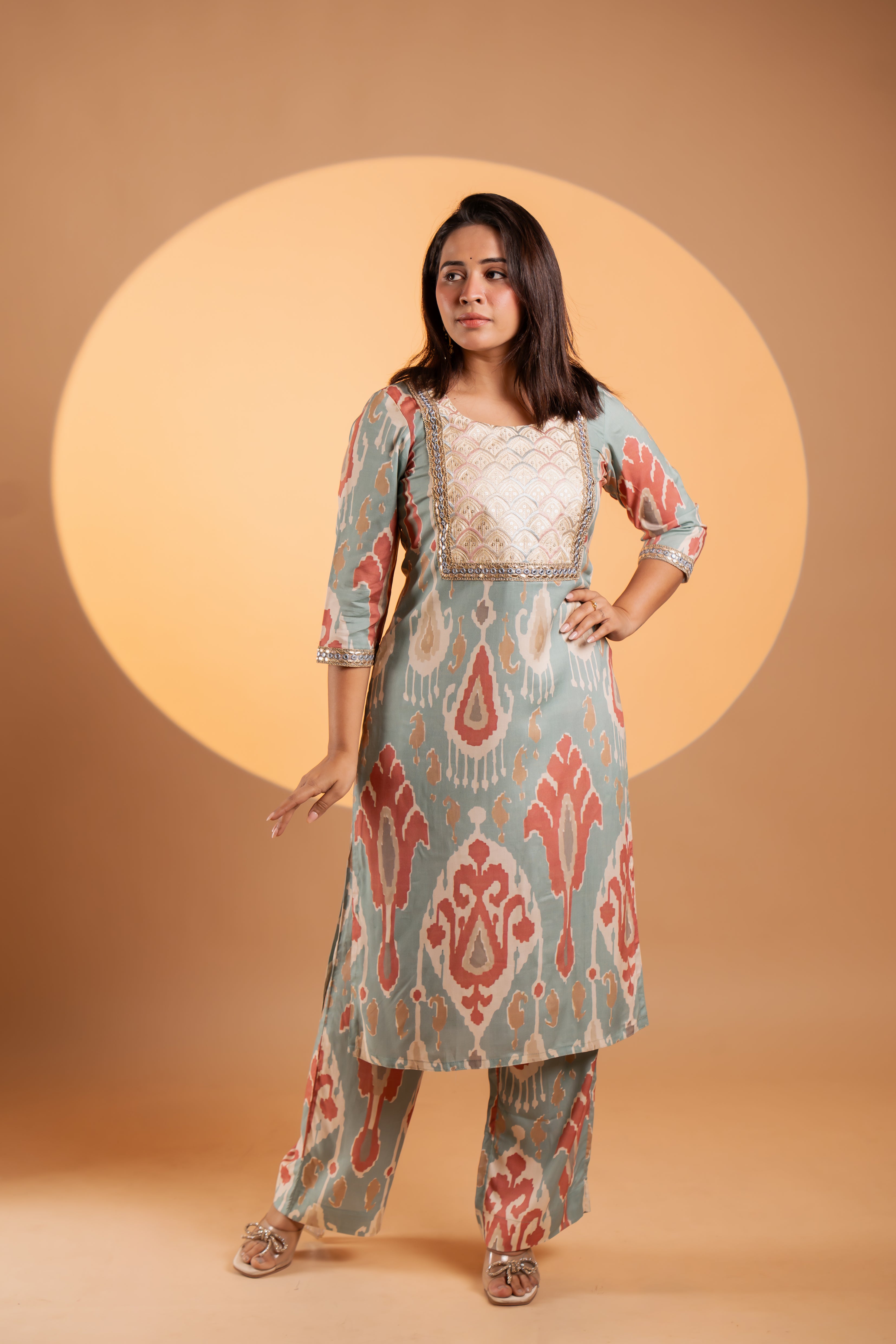 Soft Aqua And Coral Ikat Kurta Set