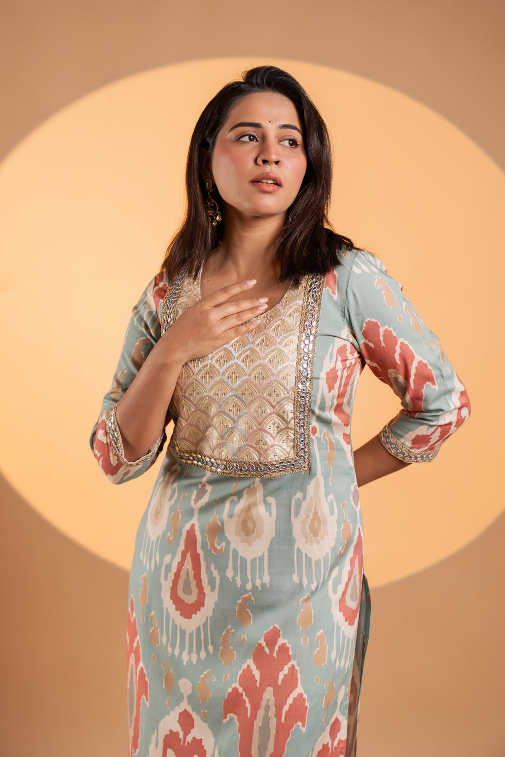 Soft Aqua And Coral Ikat Kurta Set