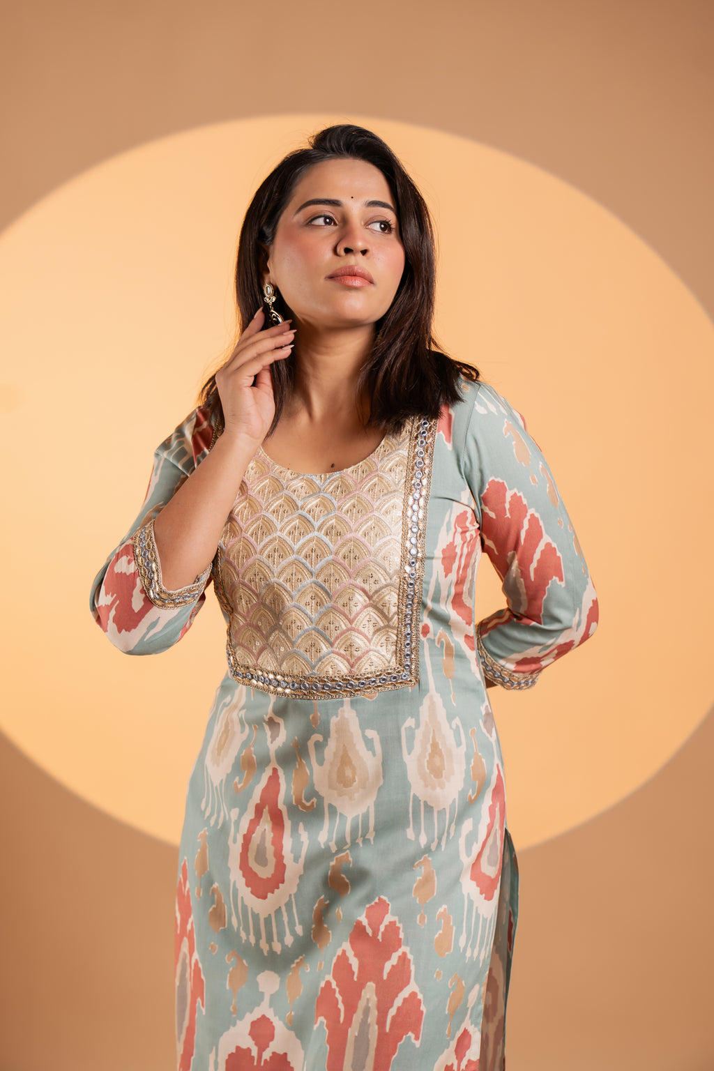 Soft Aqua And Coral Ikat Kurta Set