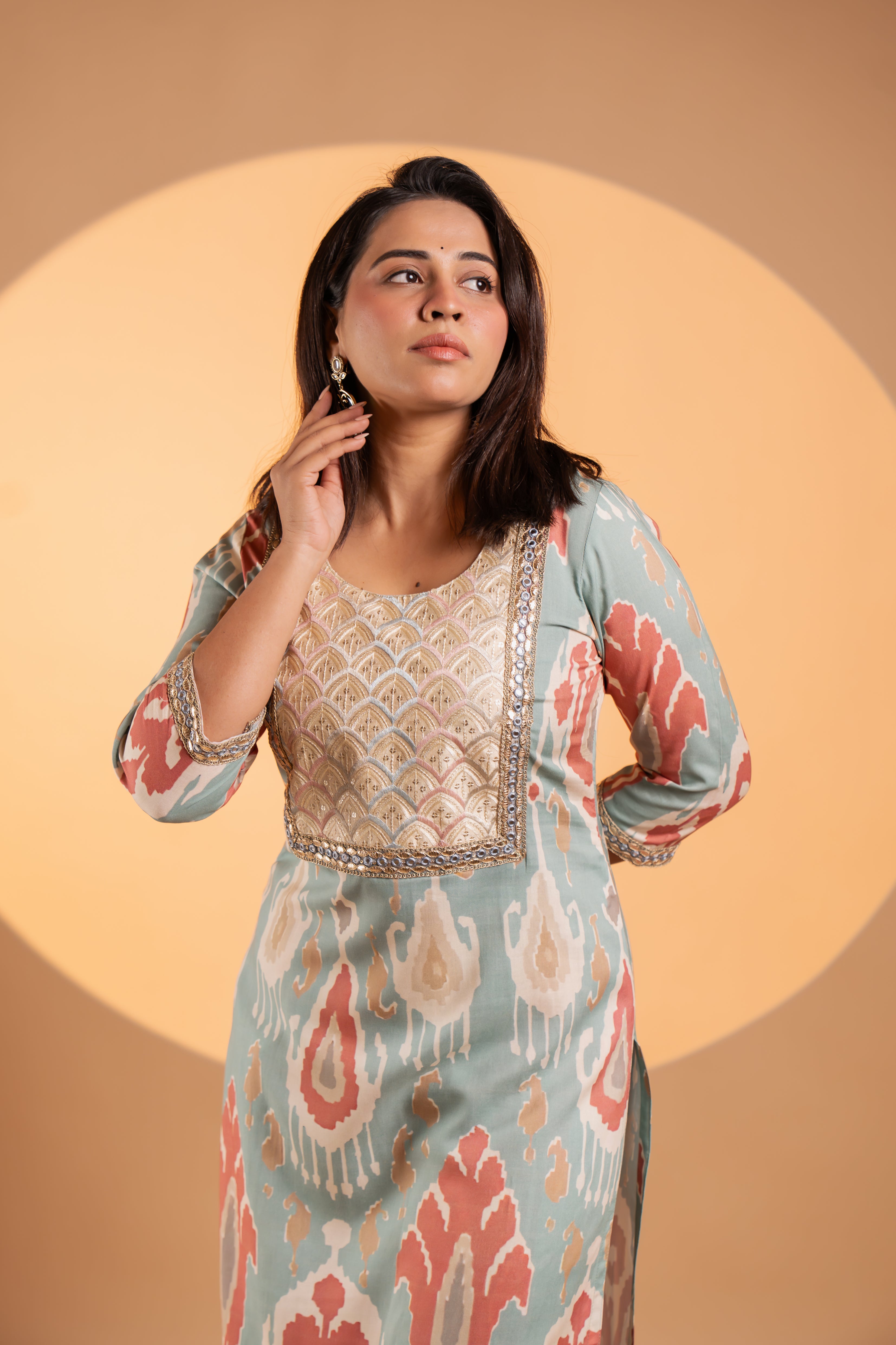 Soft Aqua And Coral Ikat Kurta Set