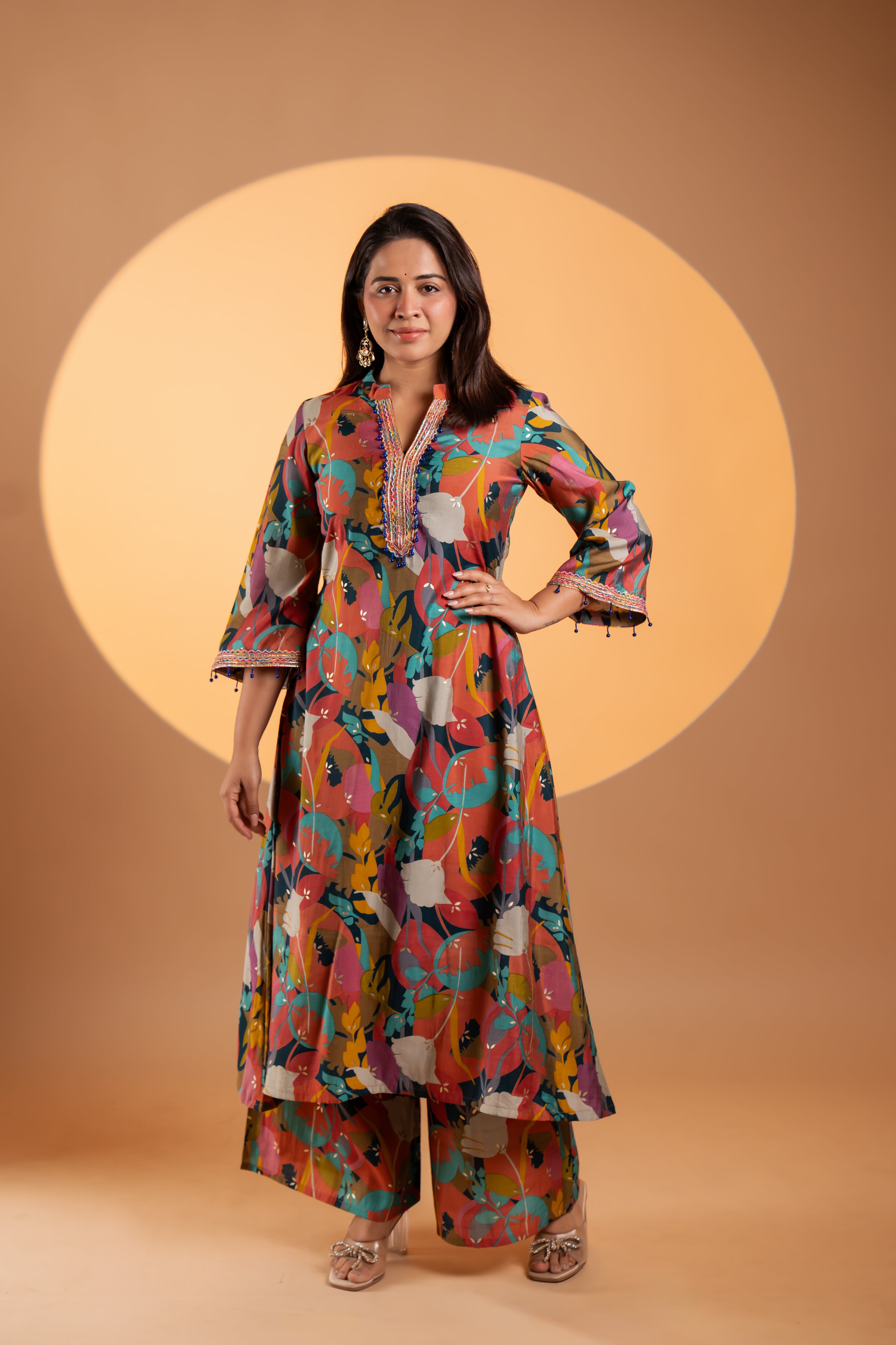 Multicolor Abstract Print Flared Kurta Set
