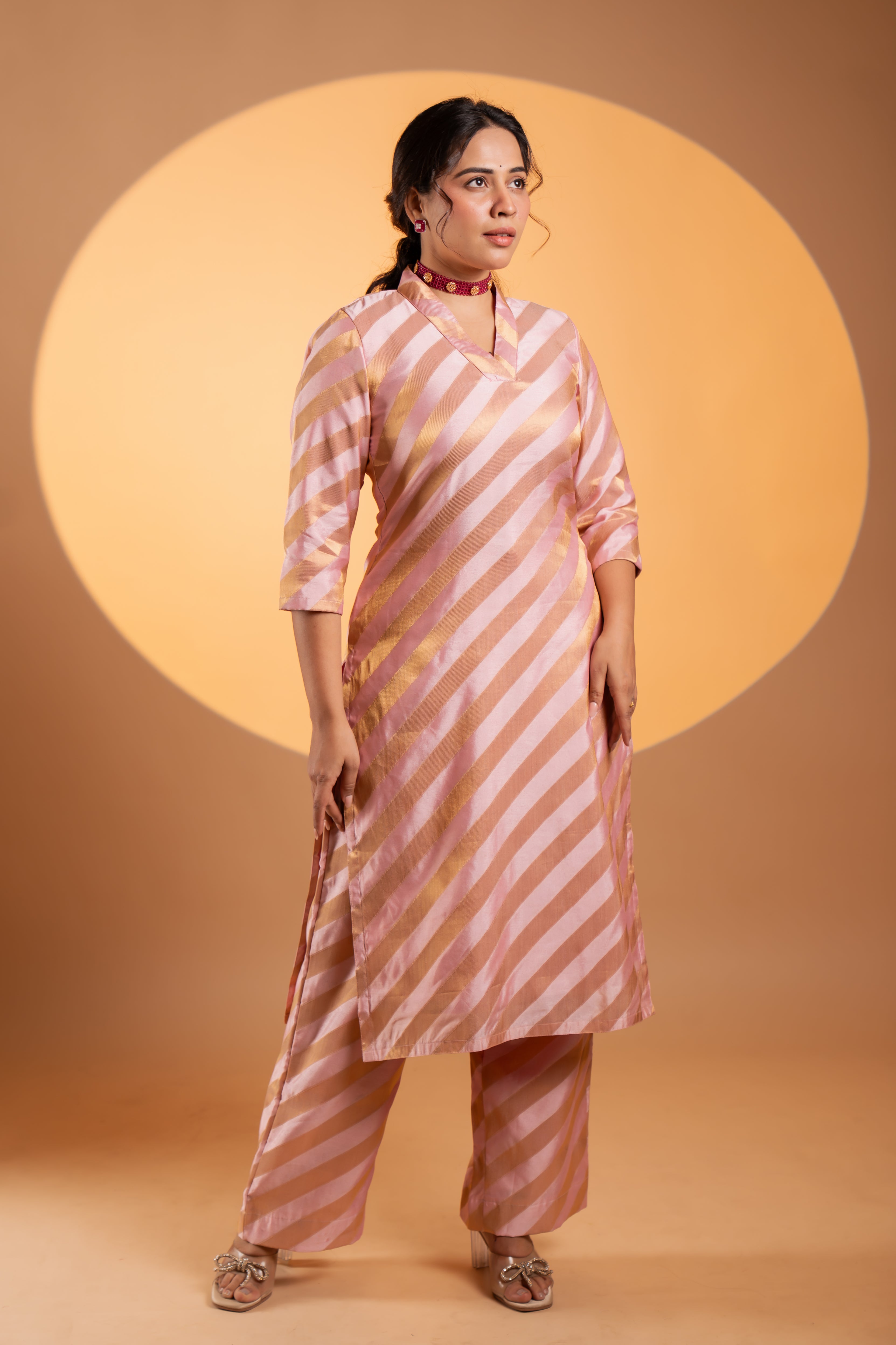 Brocade Silk Blush–Gold Striped Kurta Set