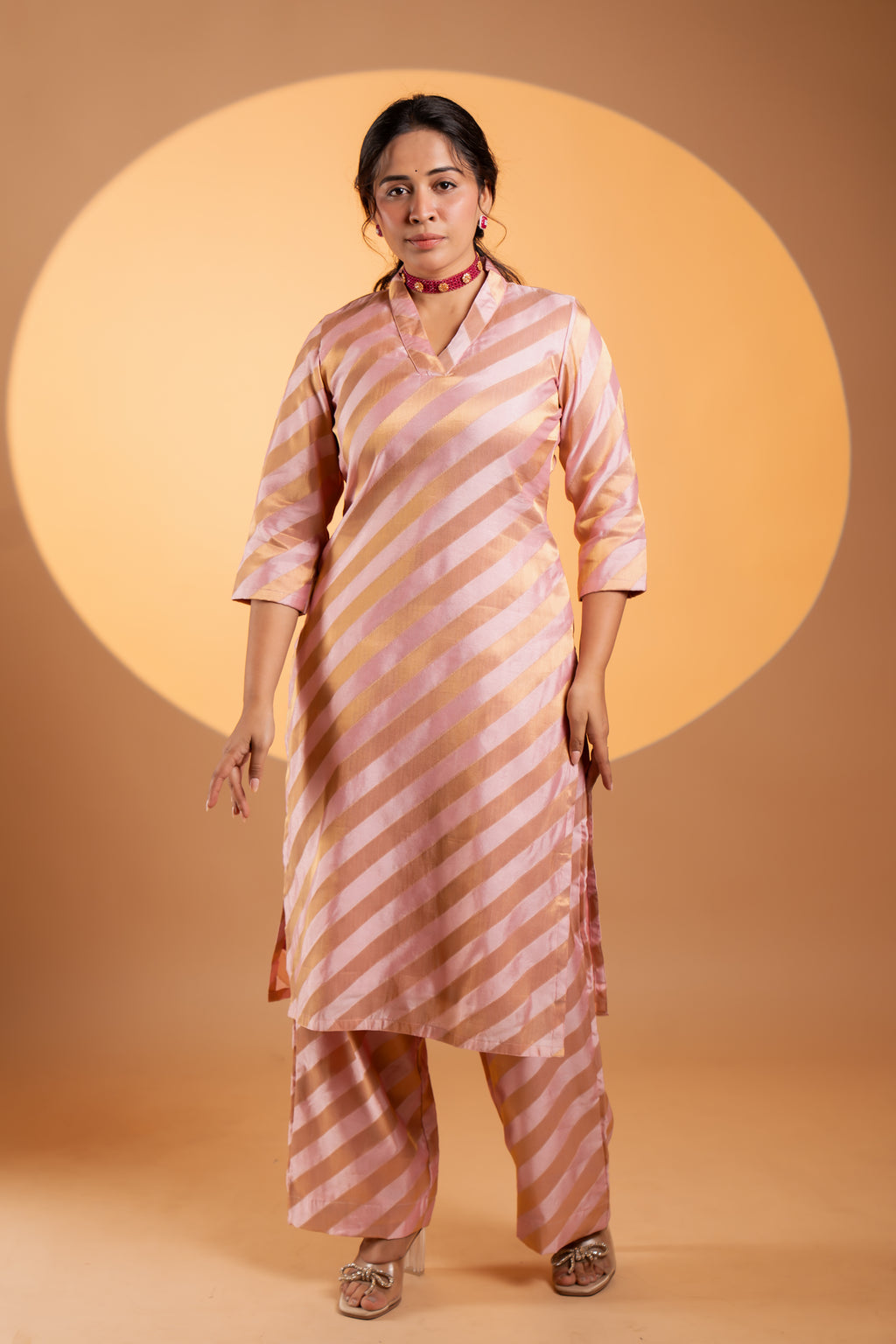 Brocade Silk Blush–Gold Striped Kurta Set