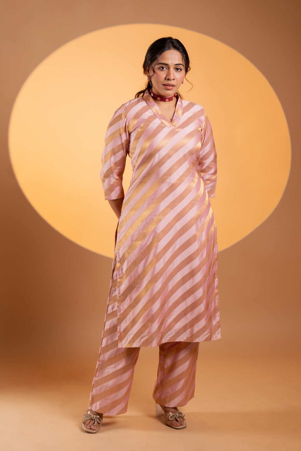 Brocade Silk Blush–Gold Striped Kurta Set