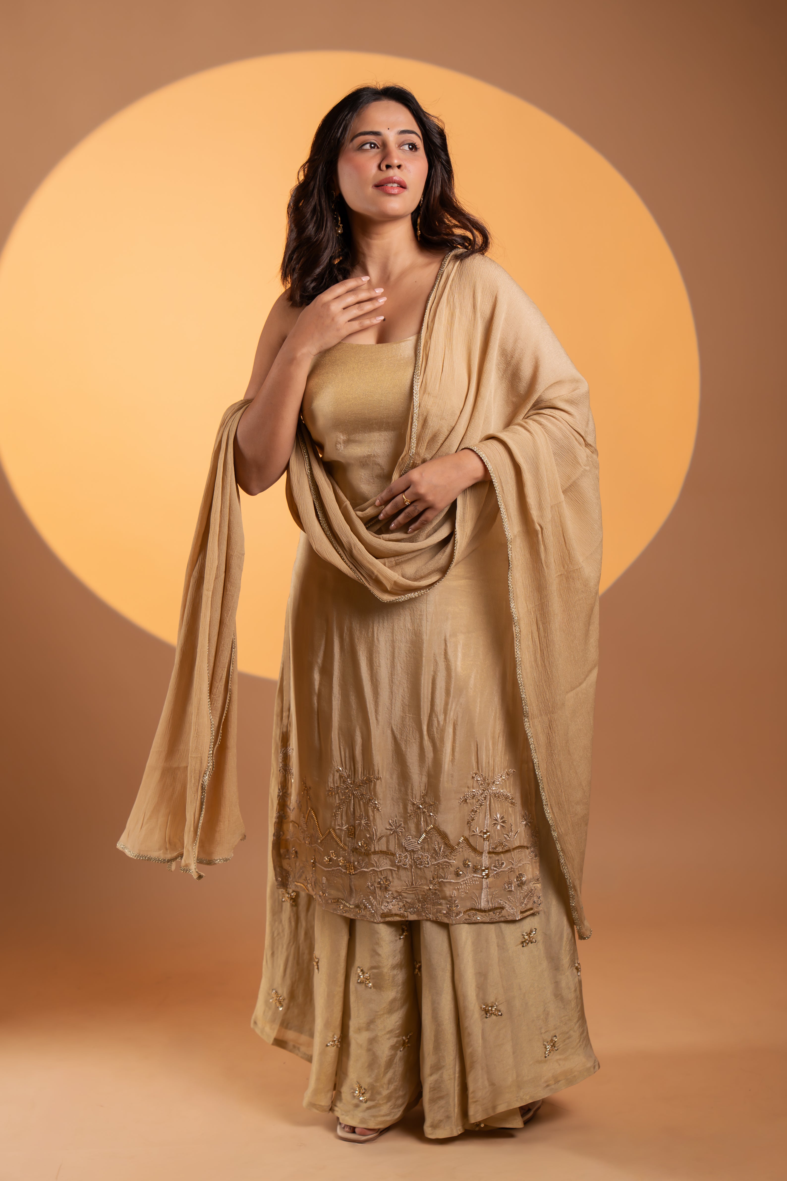Golden Beige Tissue Set With Dupatta
