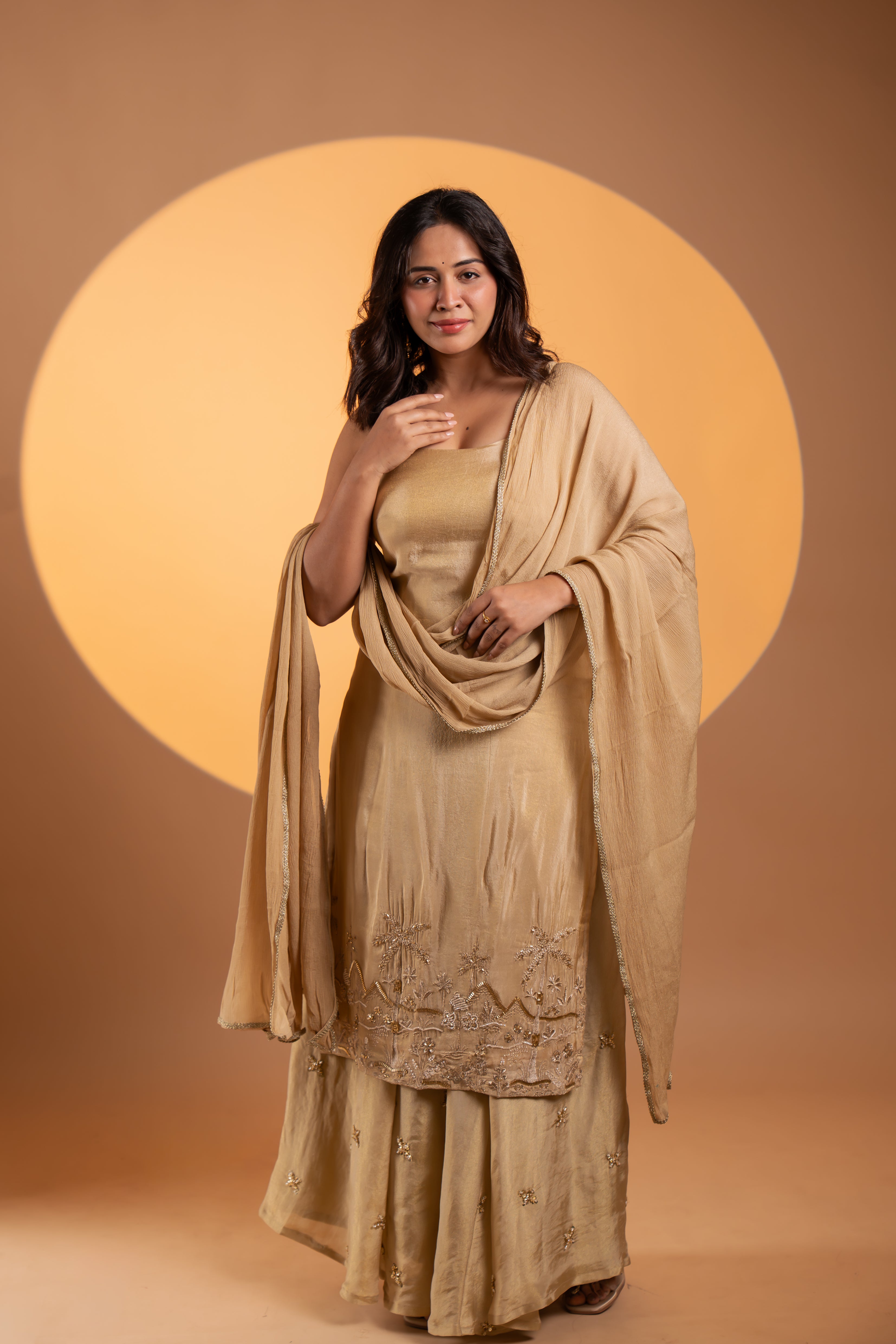 Golden Beige Tissue Set With Dupatta