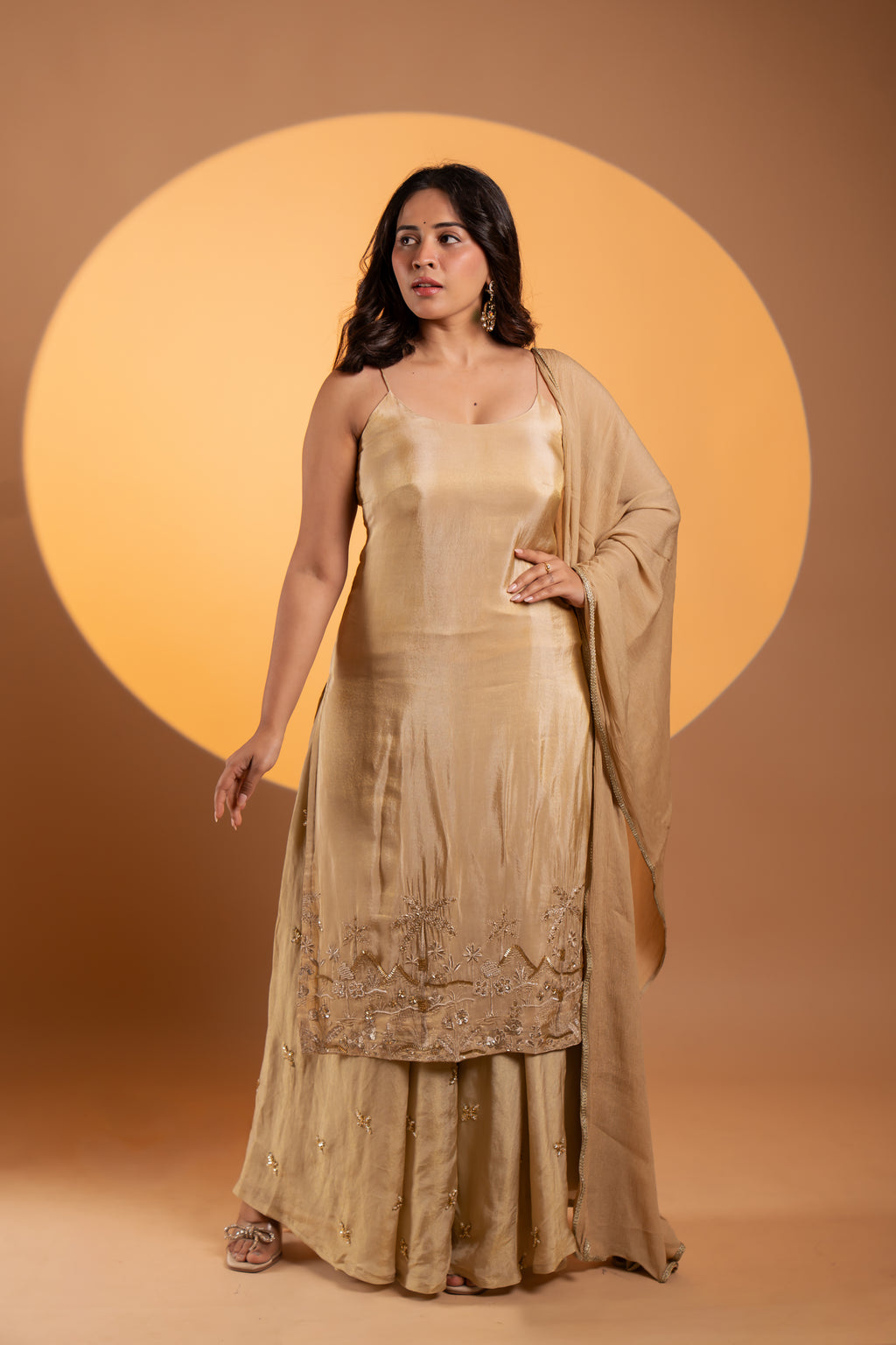 Golden Beige Tissue Set With Dupatta