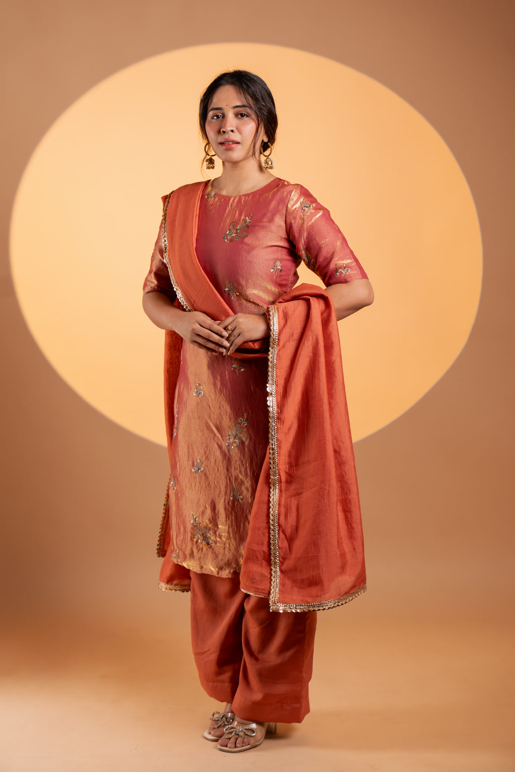 Copper Rust Tissue Kurta Set With Dupatta