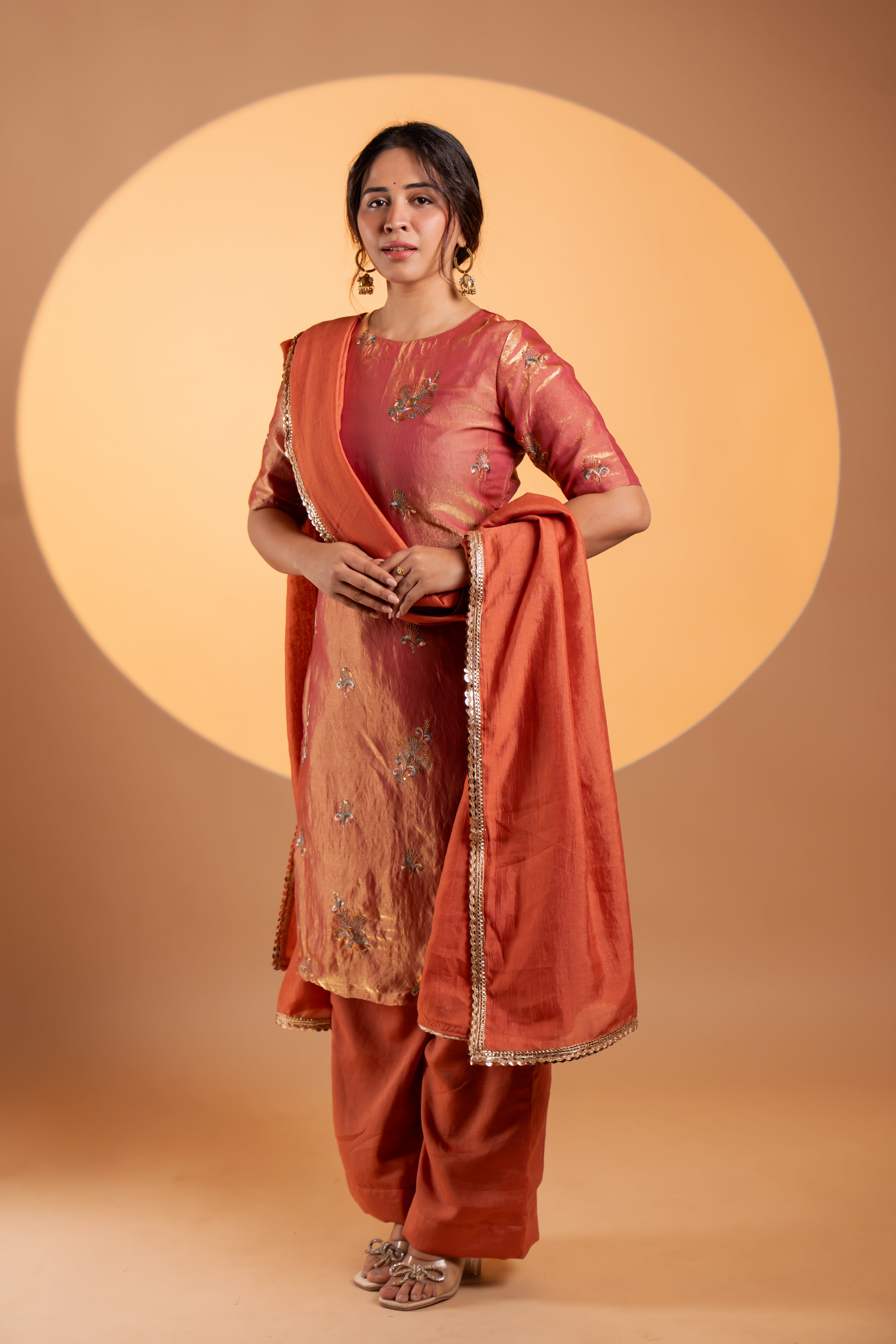 Copper Rust Tissue Kurta Set With Dupatta