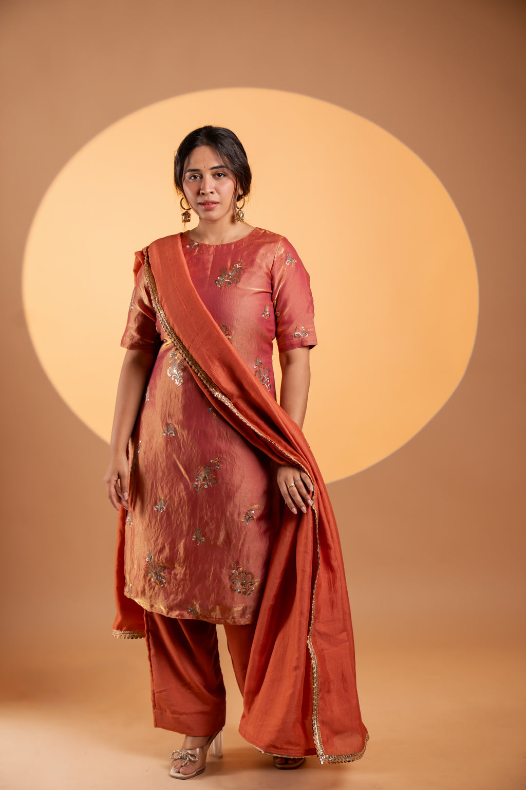 Copper Rust Tissue Kurta Set With Dupatta