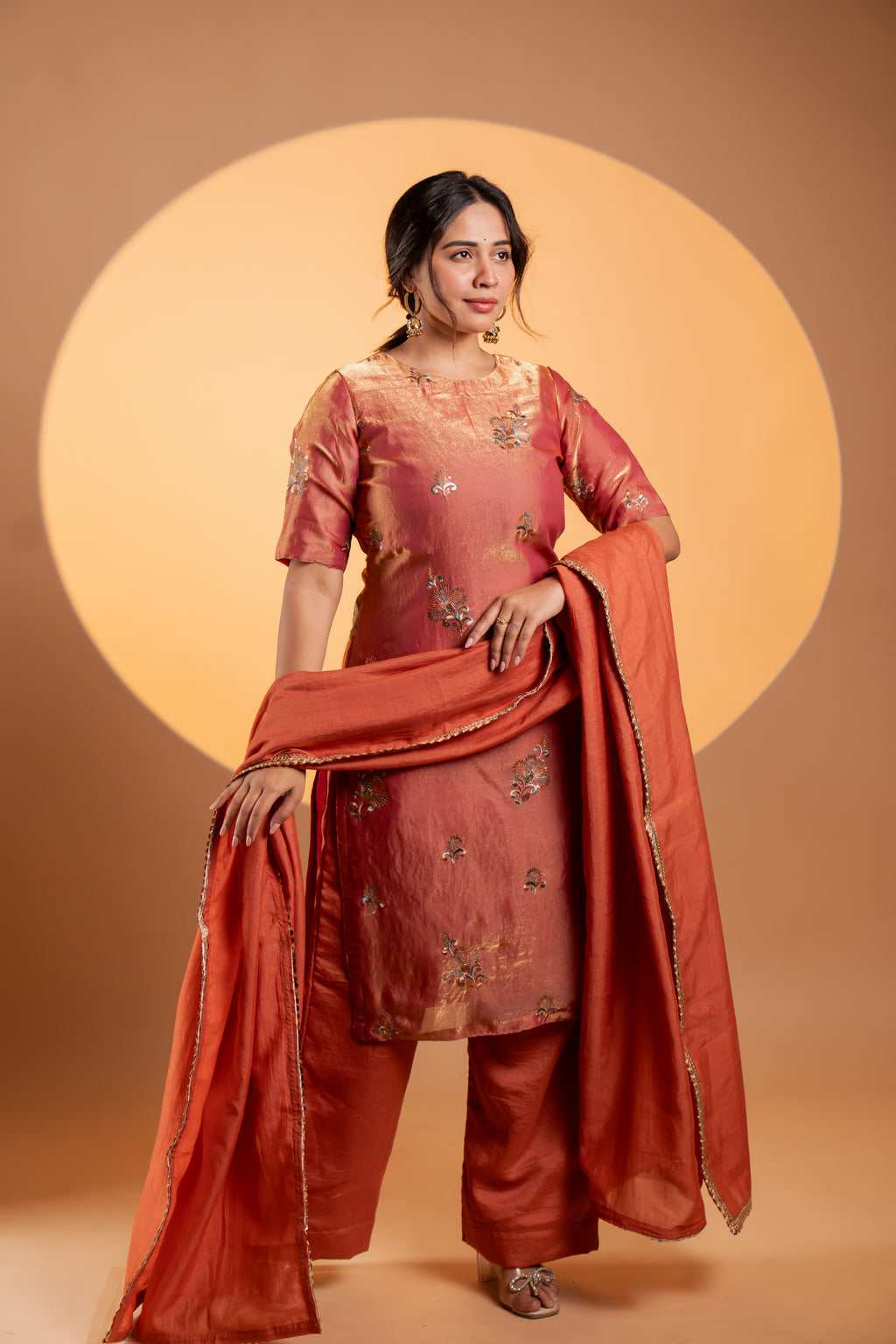 Copper Rust Tissue Kurta Set With Dupatta