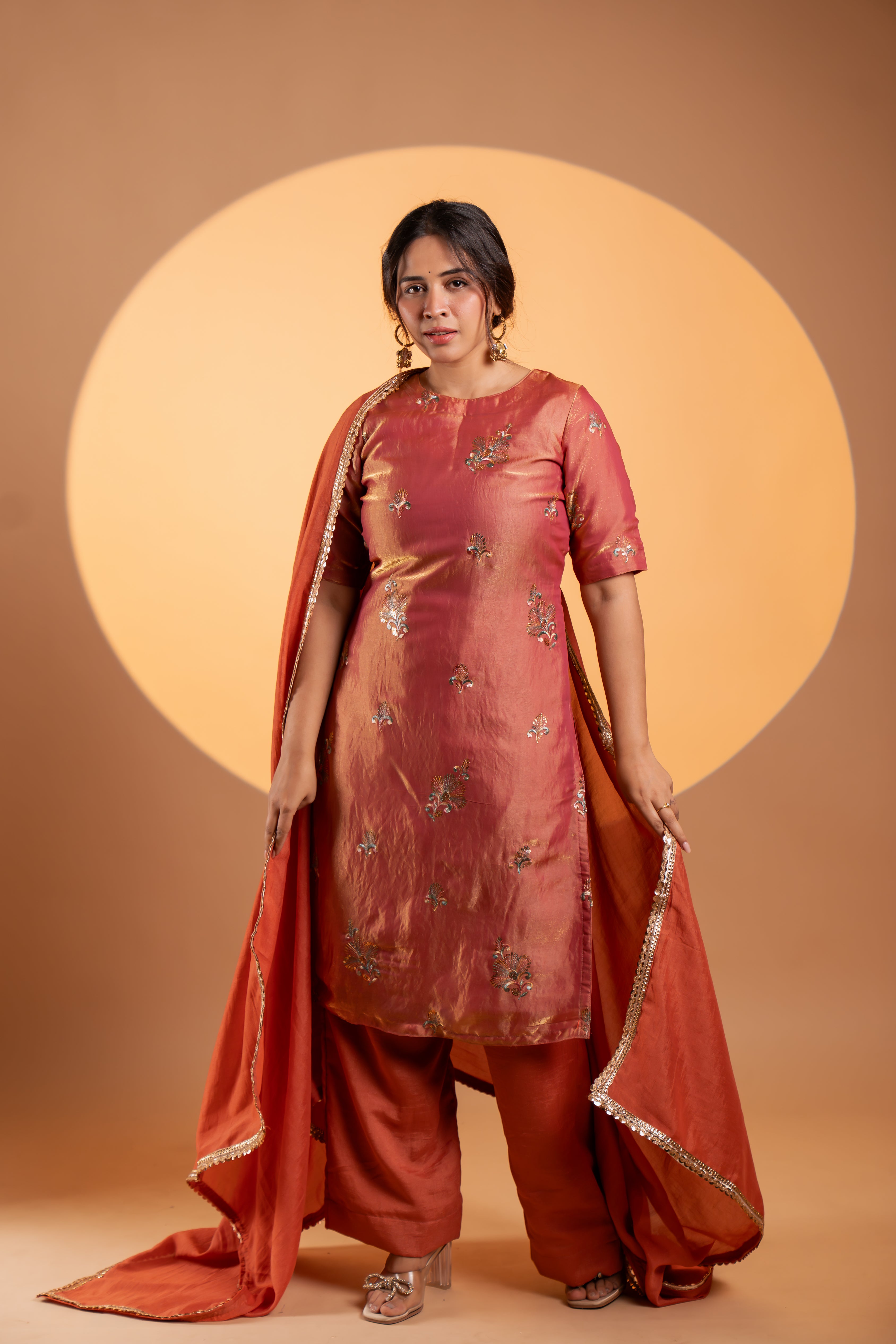 Copper Rust Tissue Kurta Set With Dupatta