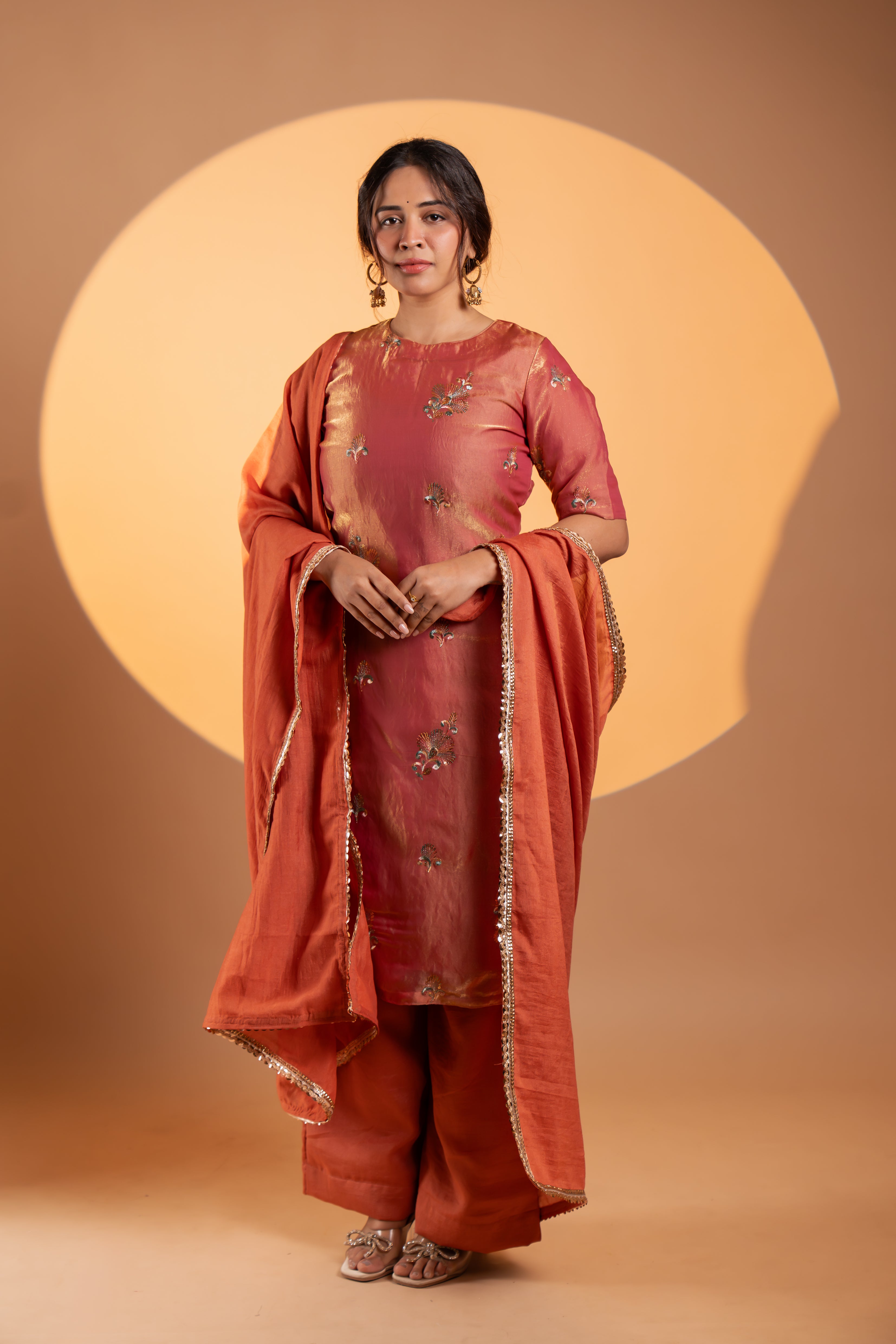 Copper Rust Tissue Kurta Set With Dupatta