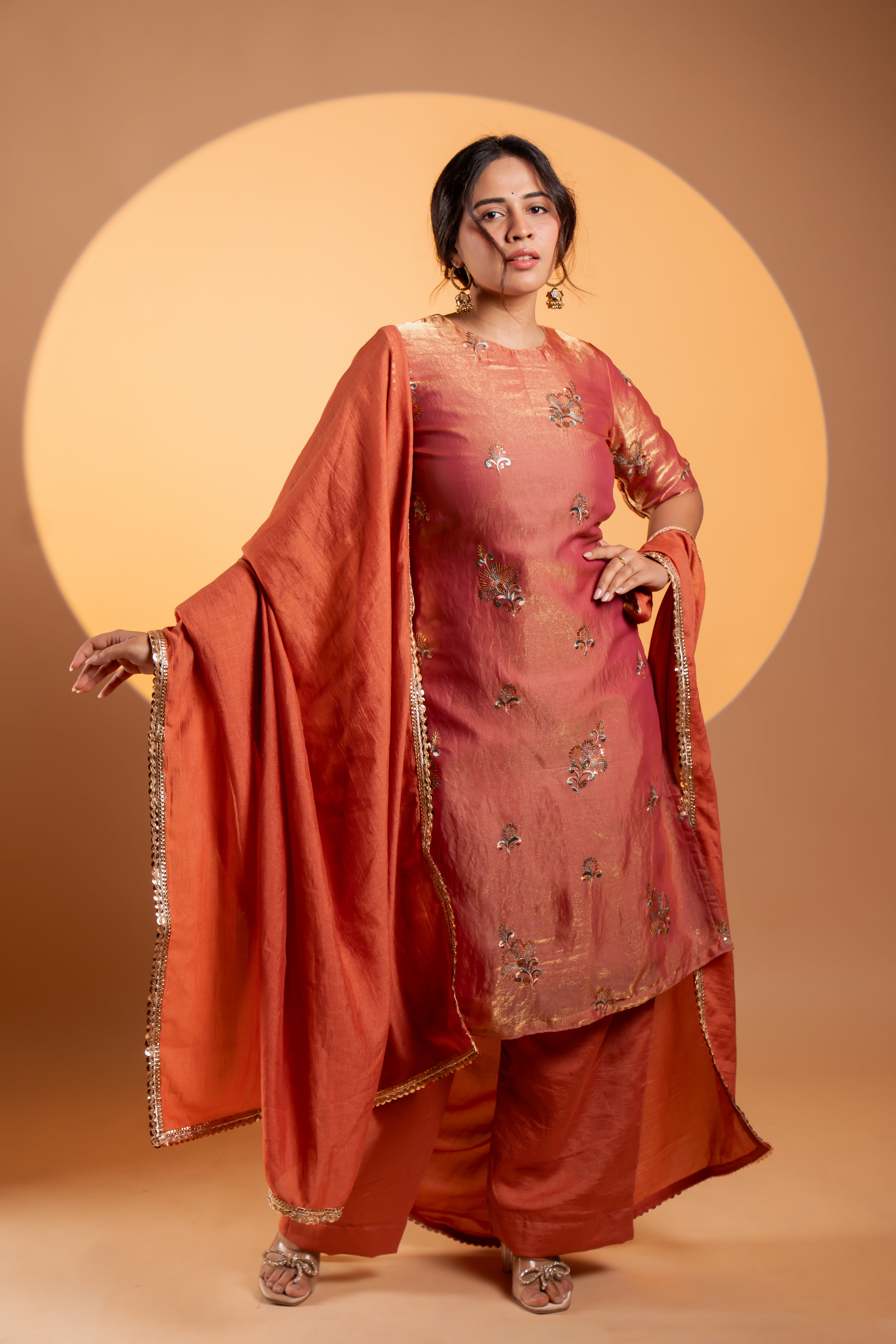 Copper Rust Tissue Kurta Set With Dupatta