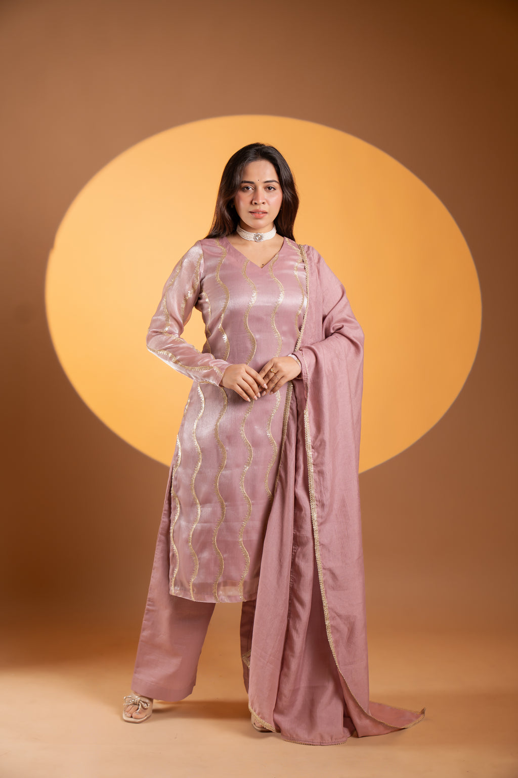 Soft Plum Pink Tissue Kurta Set With Dupatta