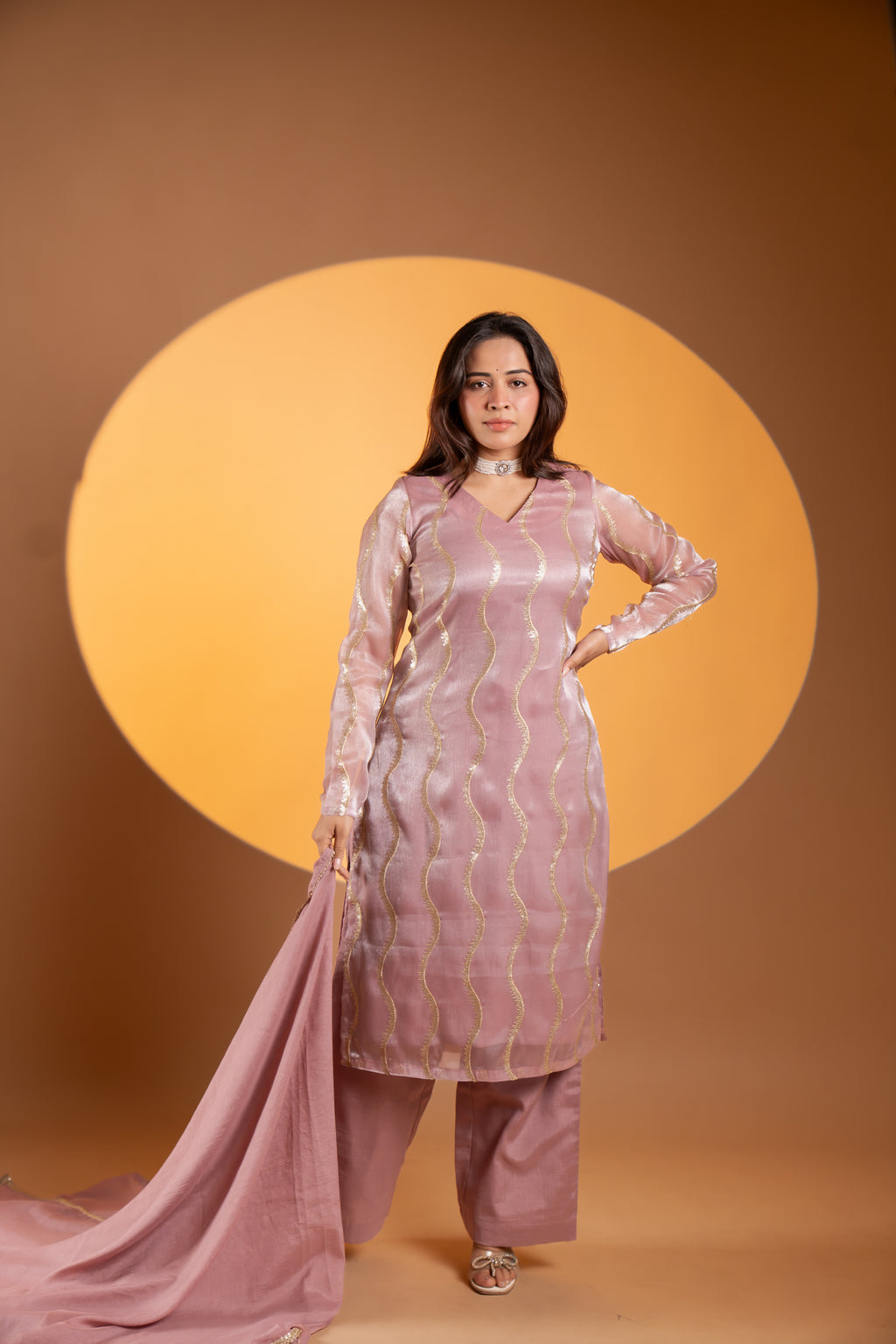 Soft Plum Pink Tissue Kurta Set With Dupatta