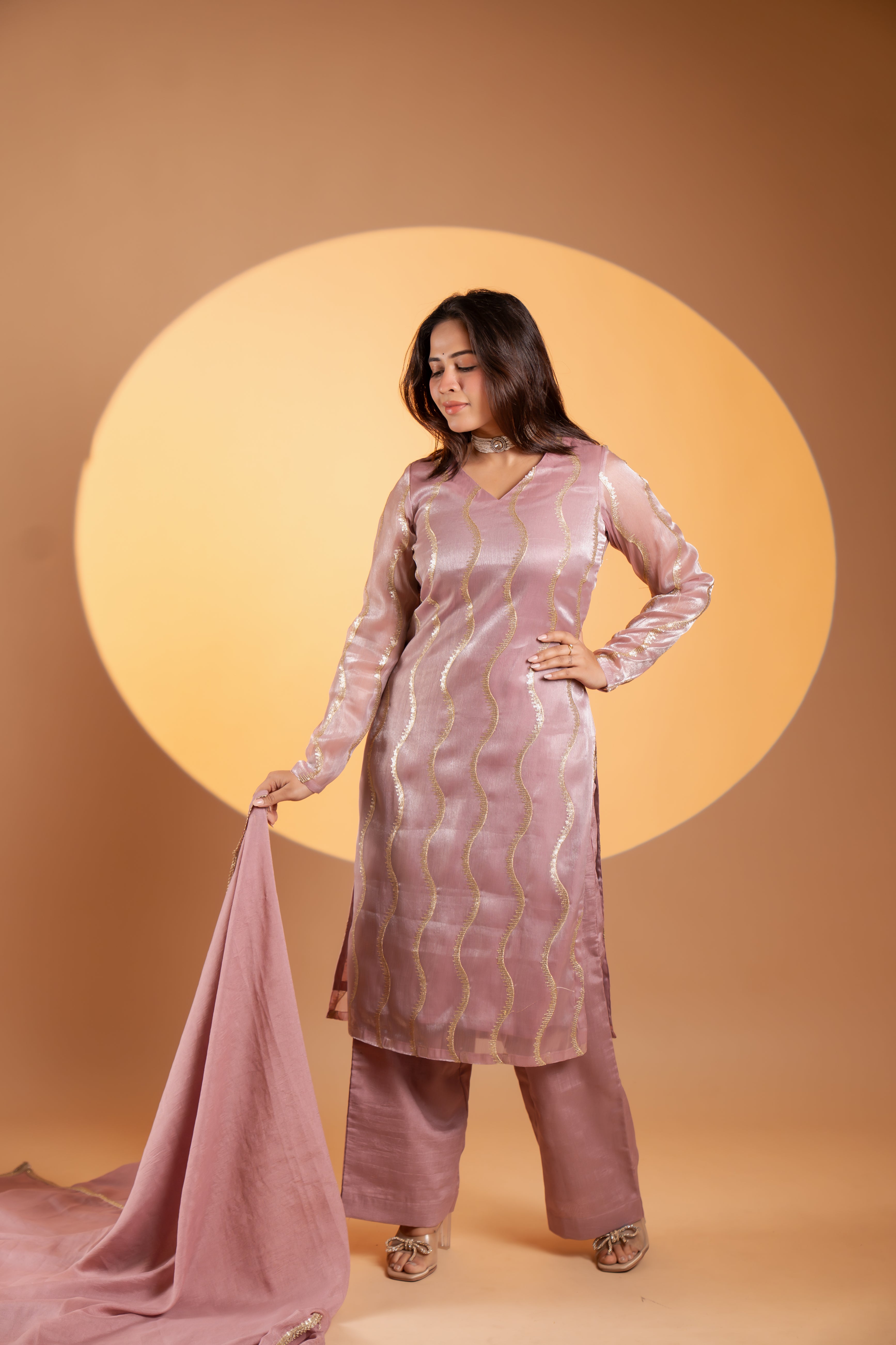 Soft Plum Pink Tissue Kurta Set With Dupatta