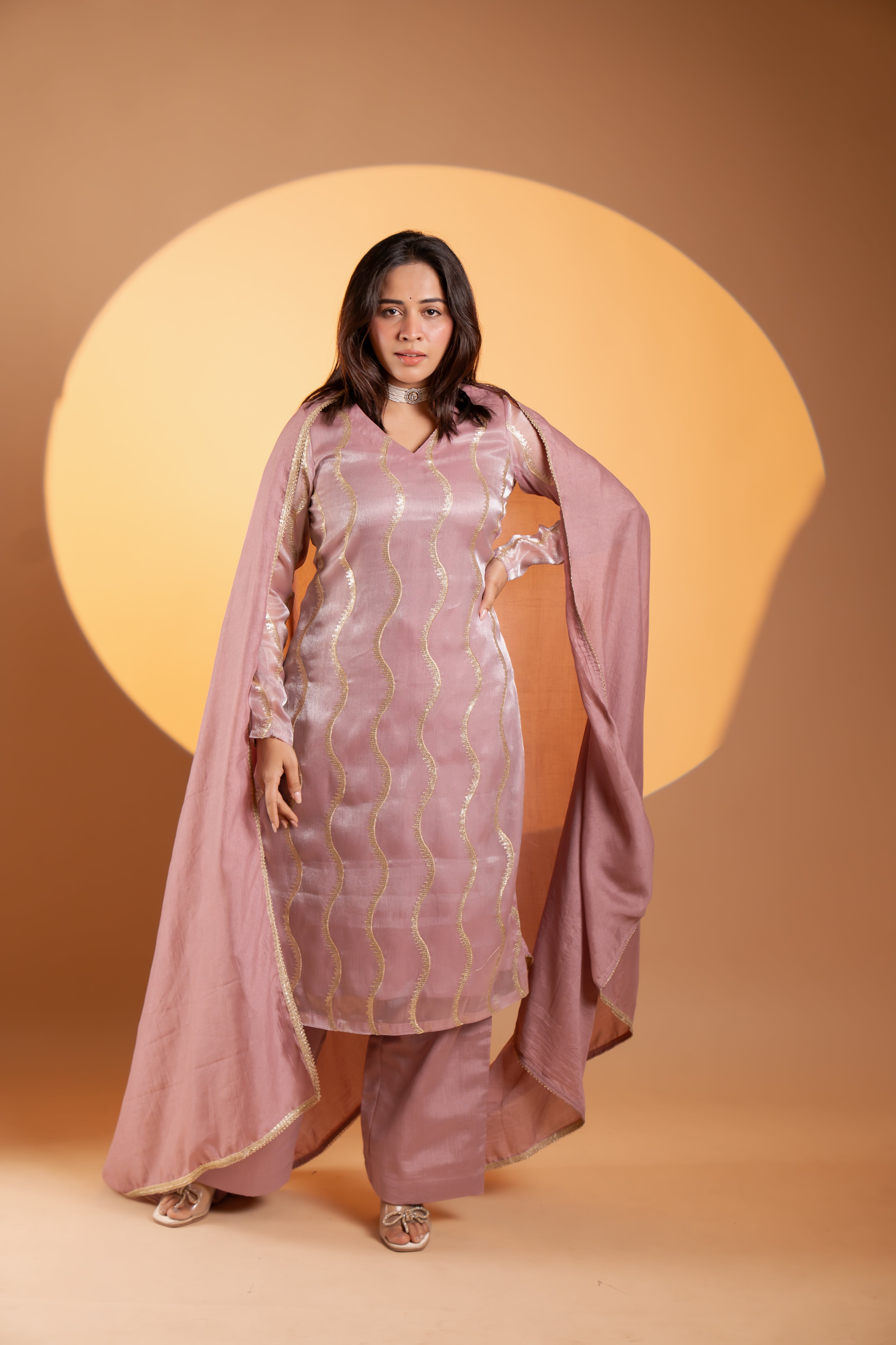 Soft Plum Pink Tissue Kurta Set With Dupatta