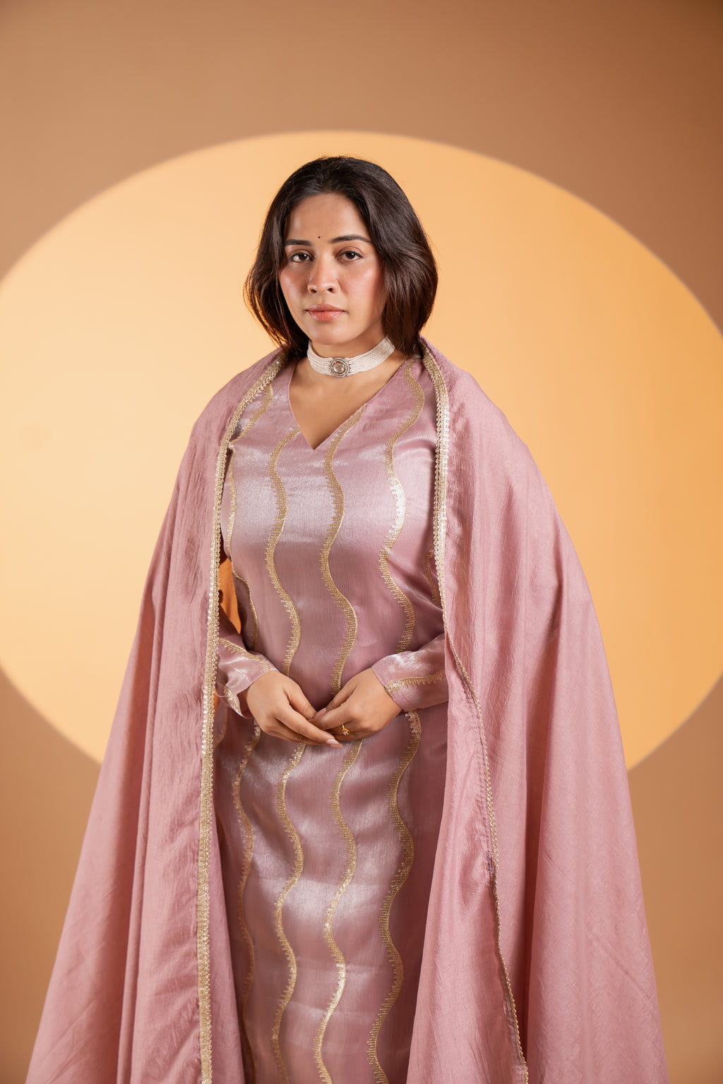 Soft Plum Pink Tissue Kurta Set With Dupatta