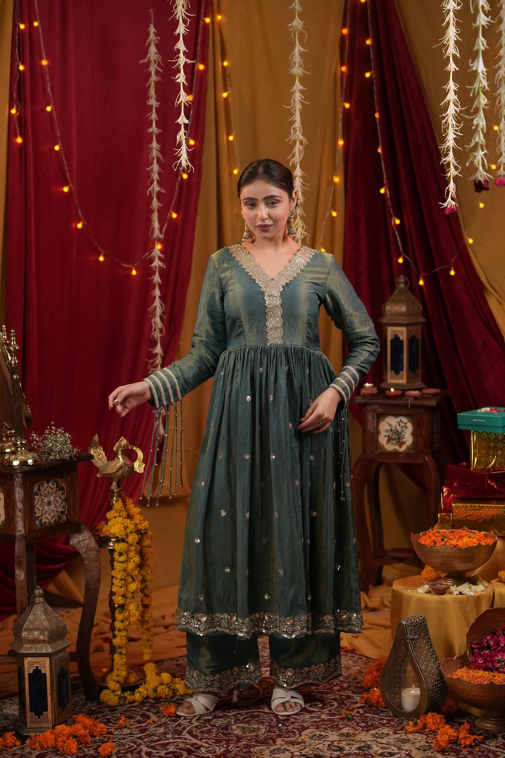 Emerald Green Tissue Anarkali Dress with Pant