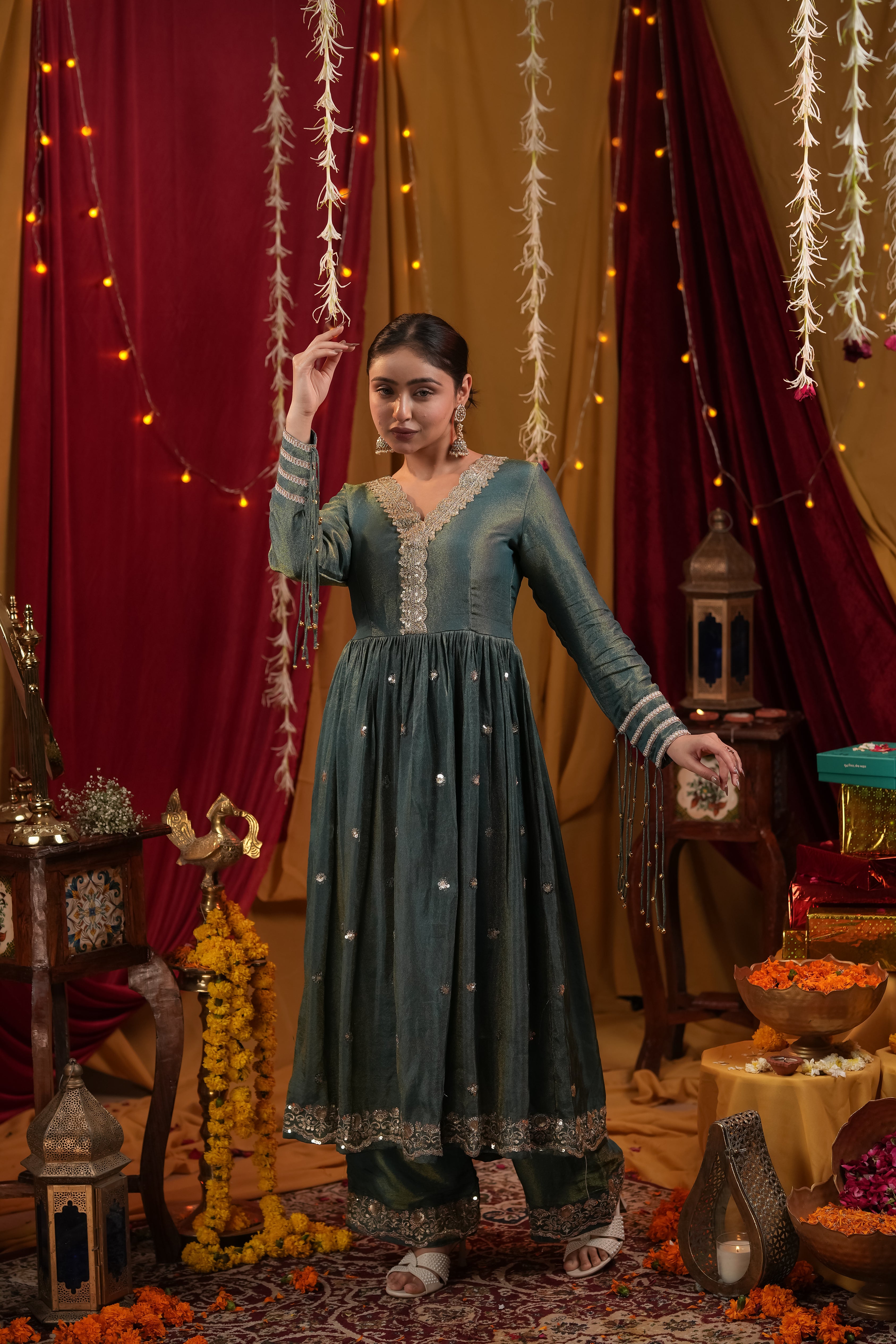 Emerald Green Tissue Anarkali Dress with Pant