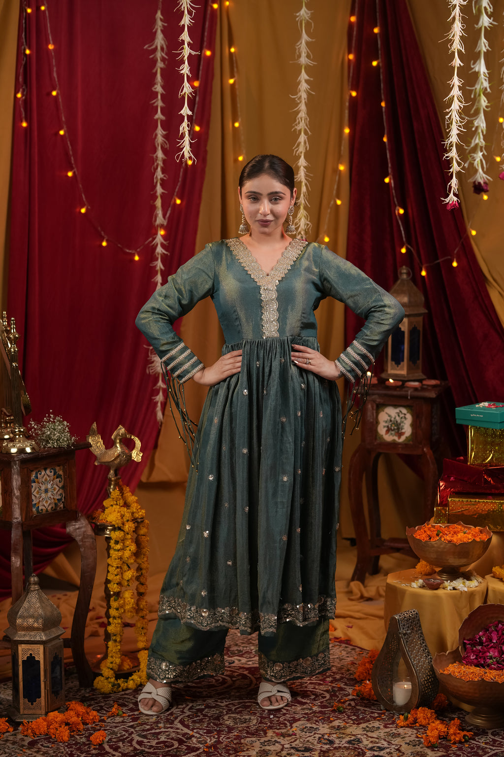 Emerald Green Tissue Anarkali Dress with Pant