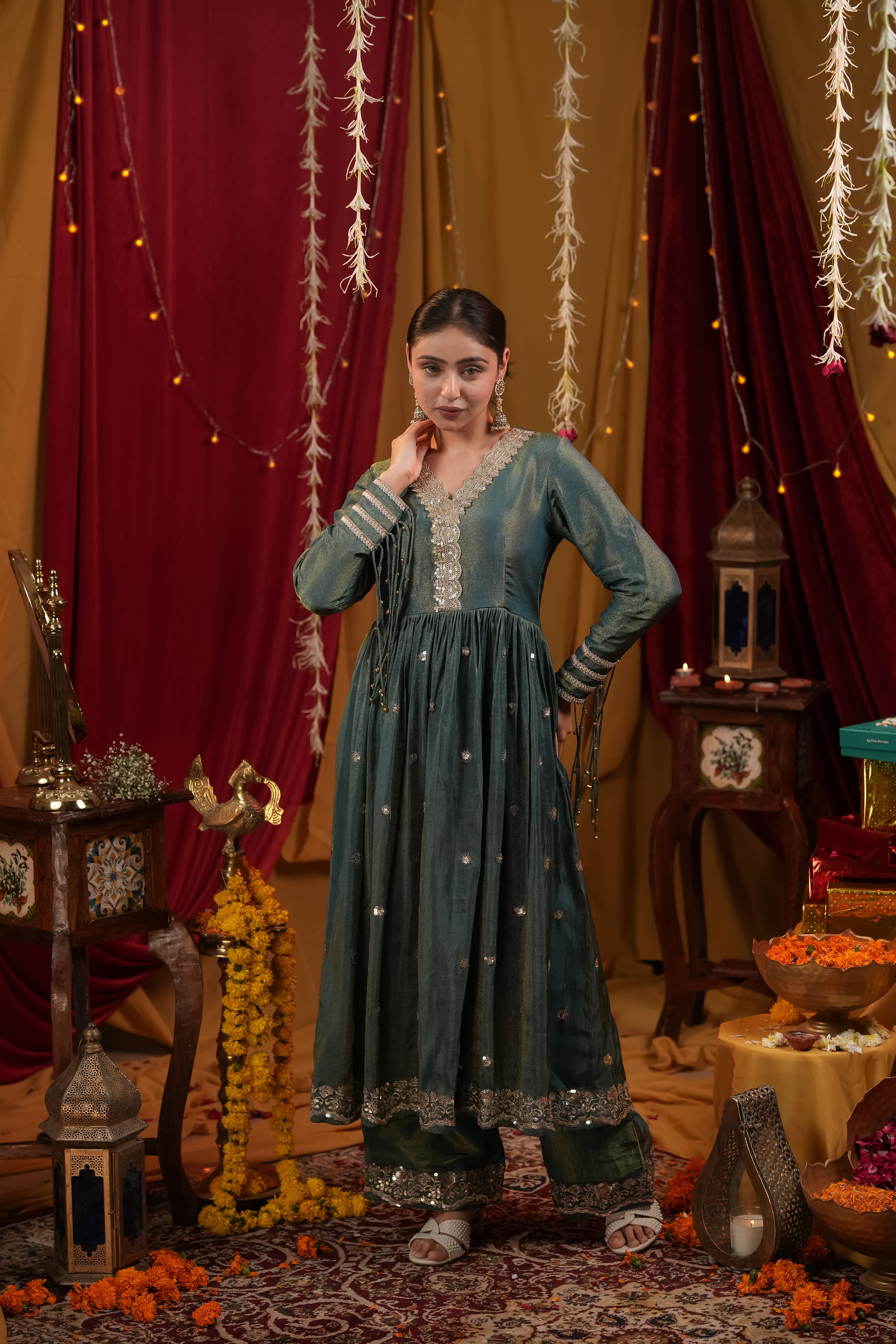 Emerald Green Tissue Anarkali Dress with Pant