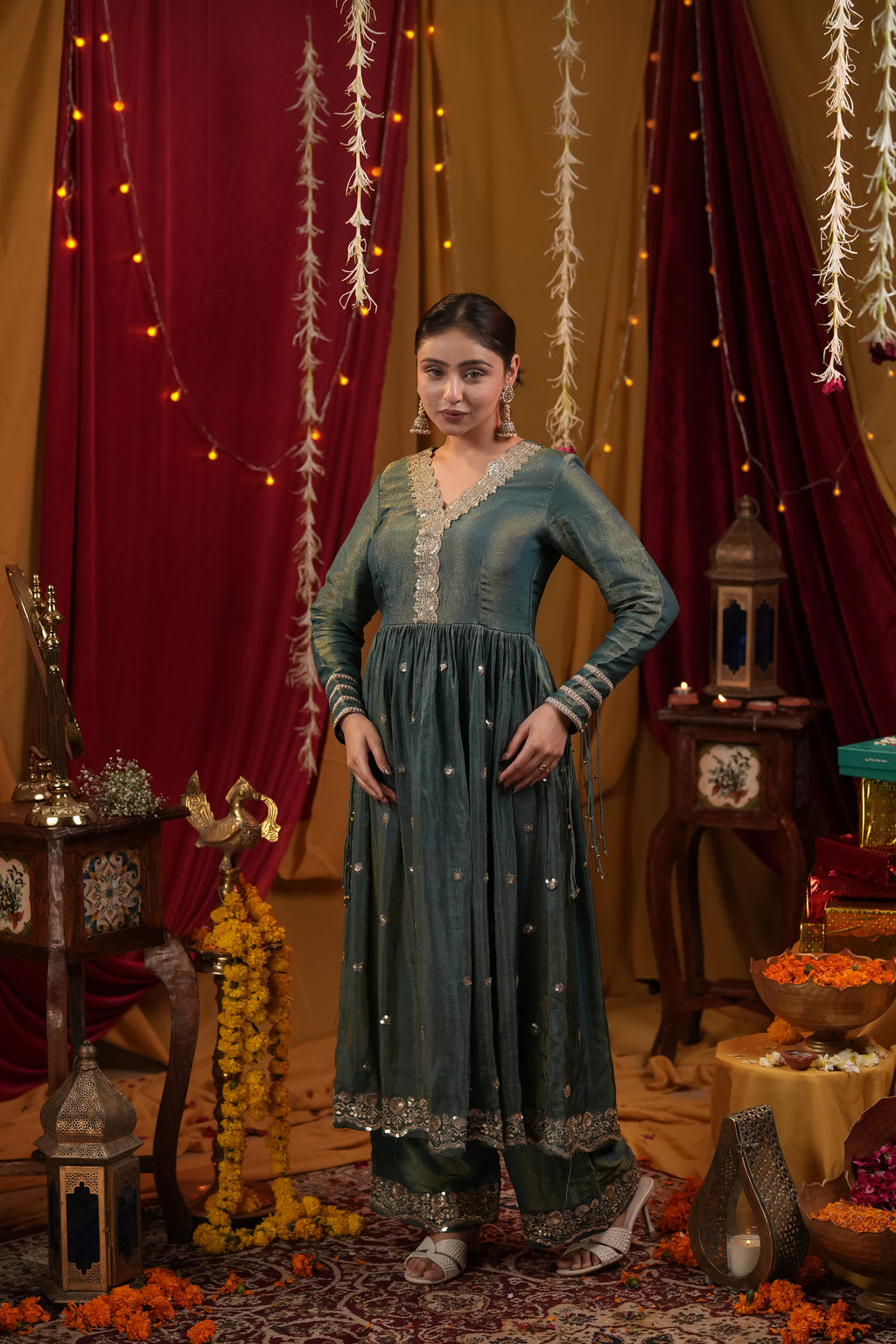 Emerald Green Tissue Anarkali Dress with Pant