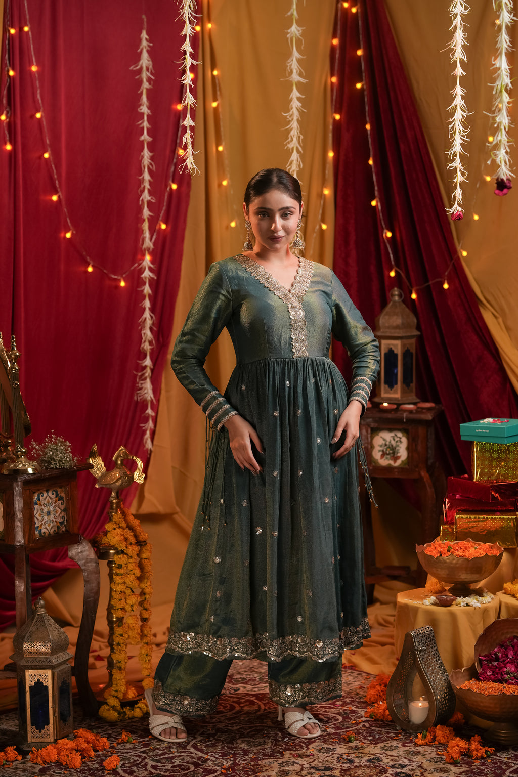 Emerald Green Tissue Anarkali Dress with Pant