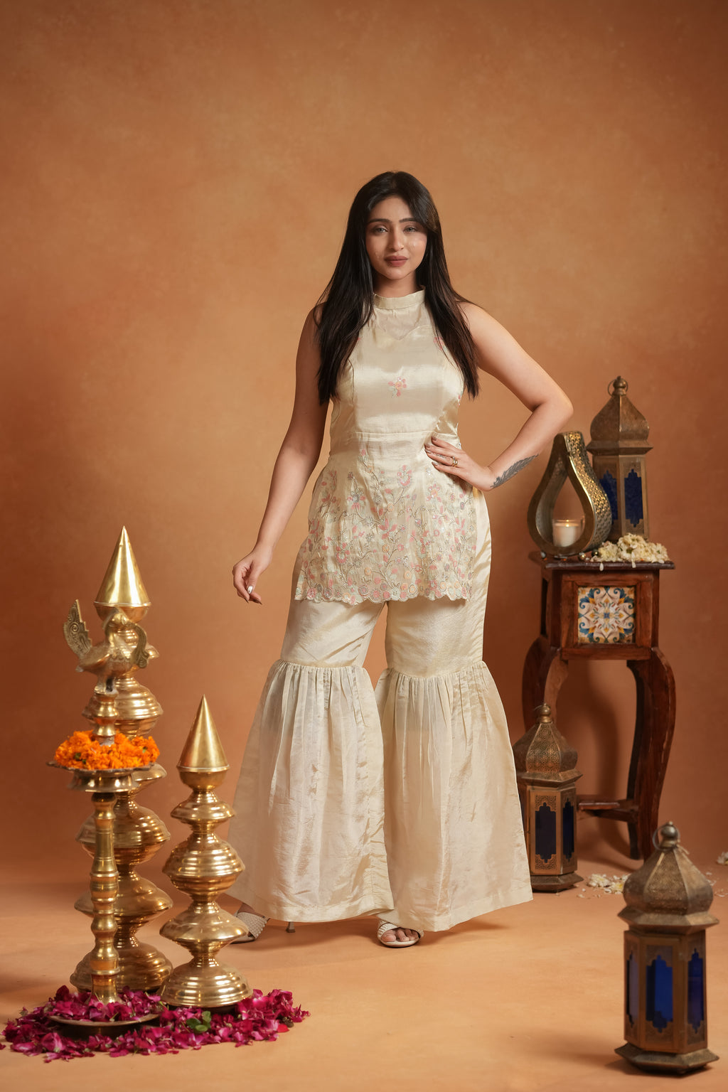 Ivory Gold Tissue Peplum & Sharara Indo-Western Set