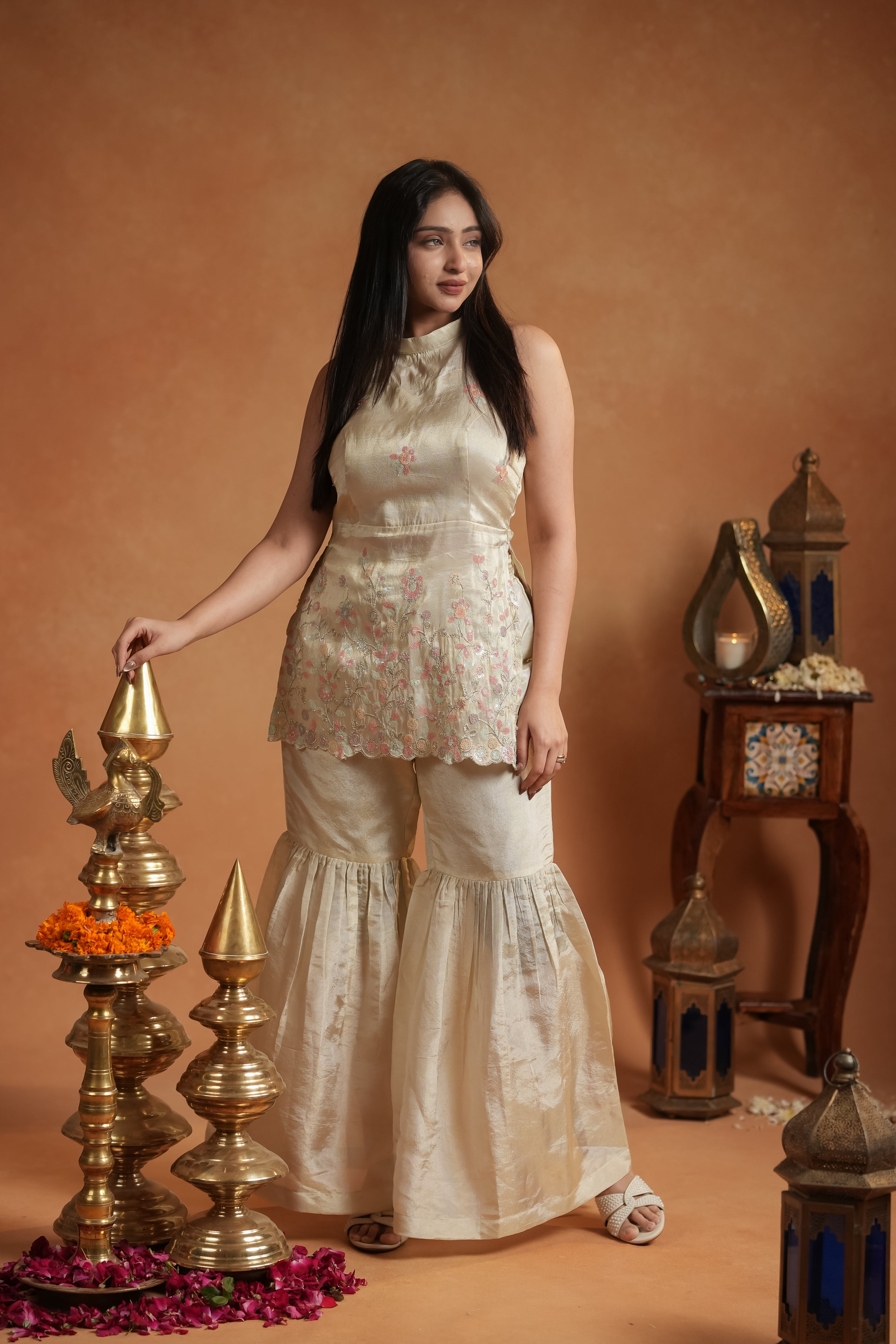 Ivory Gold Tissue Peplum & Sharara Indo-Western Set