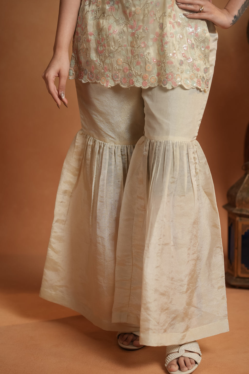 Ivory Gold Tissue Peplum & Sharara Indo-Western Set