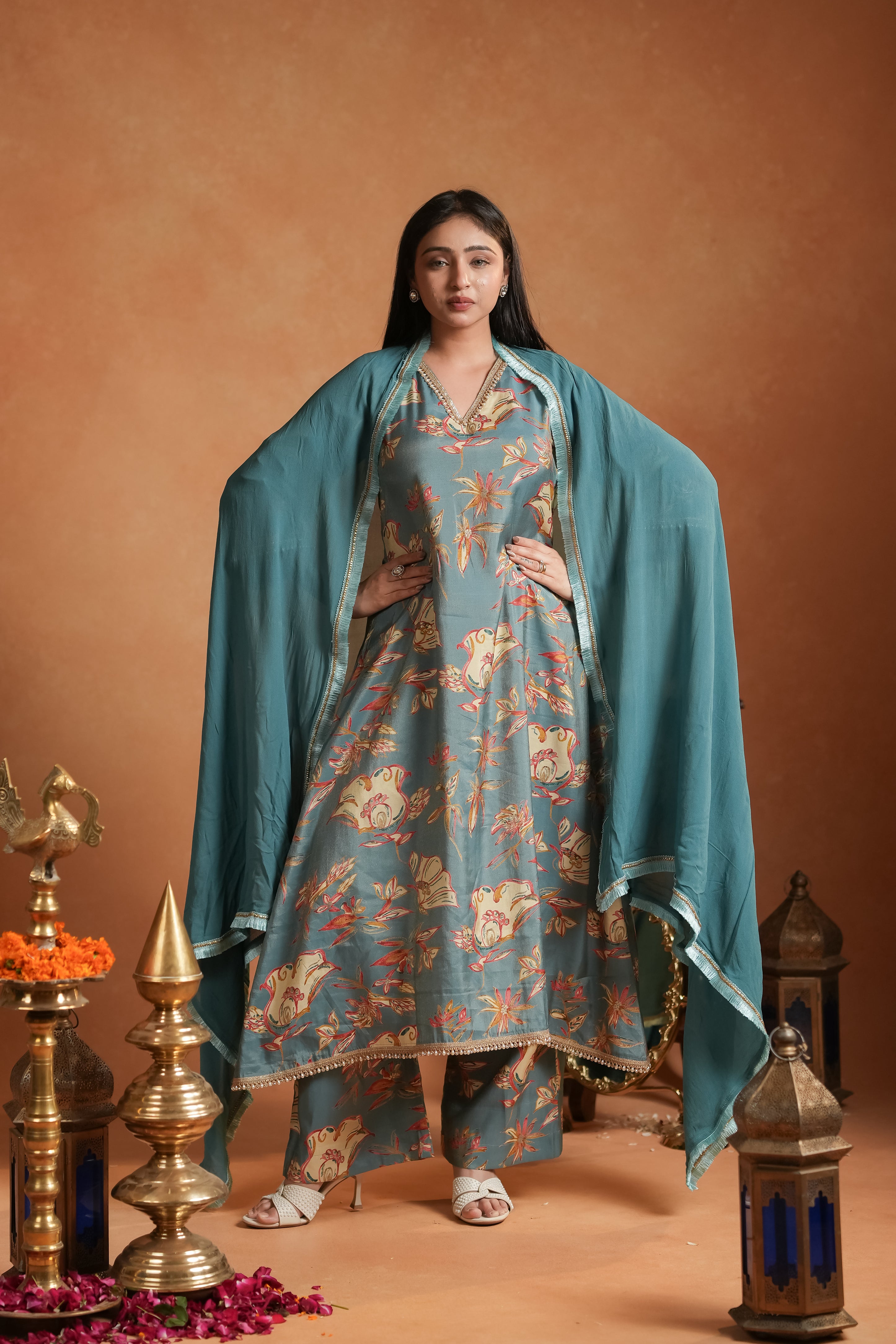 Teal Floral Printed Kurta Set with Dupatta