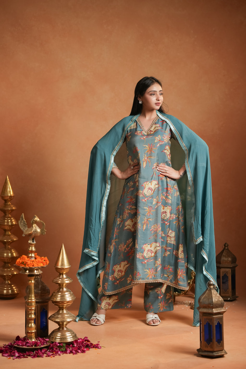 Teal Floral Printed Kurta Set with Dupatta
