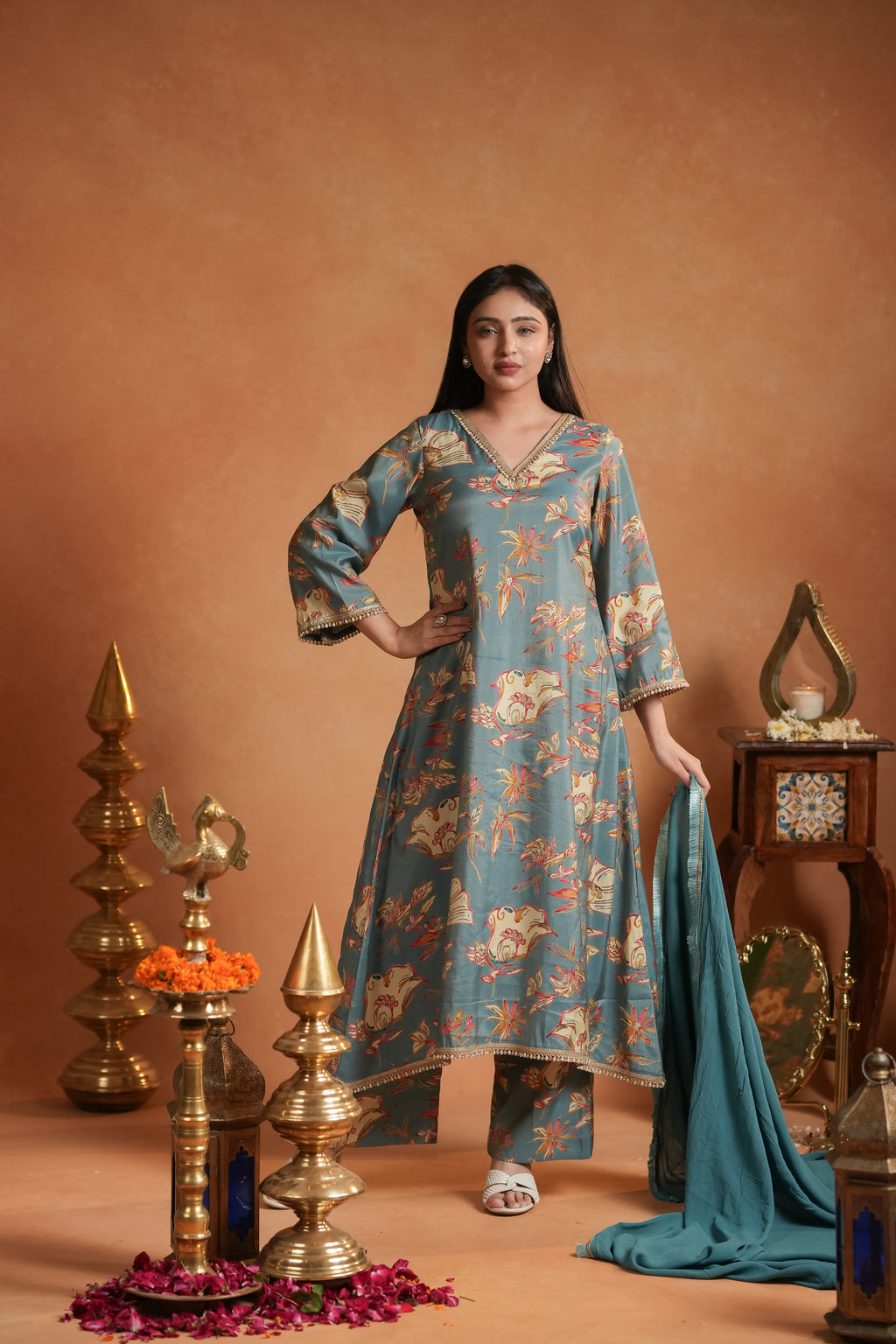 Teal Floral Printed Kurta Set with Dupatta