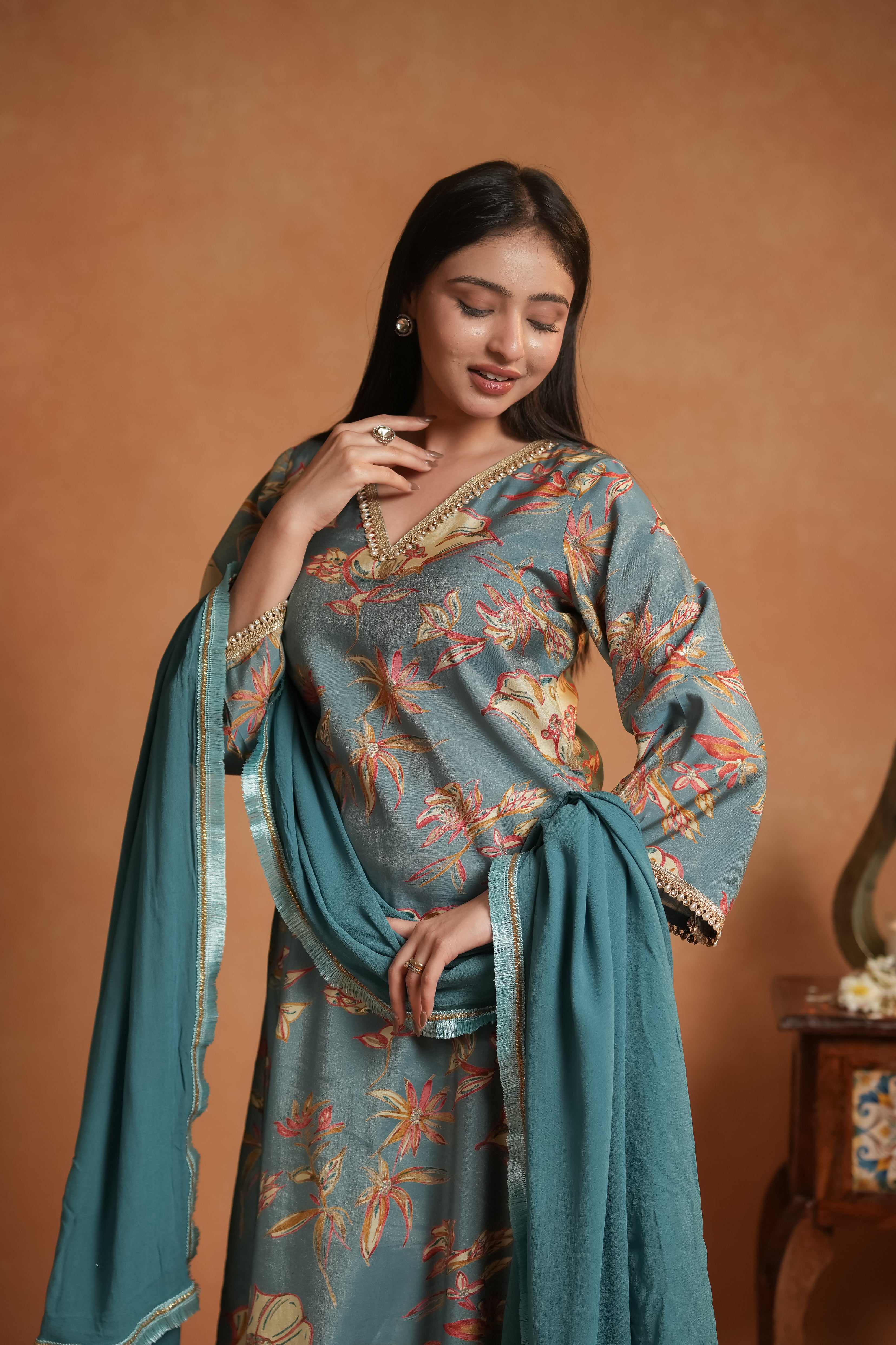 Teal Floral Printed Kurta Set with Dupatta