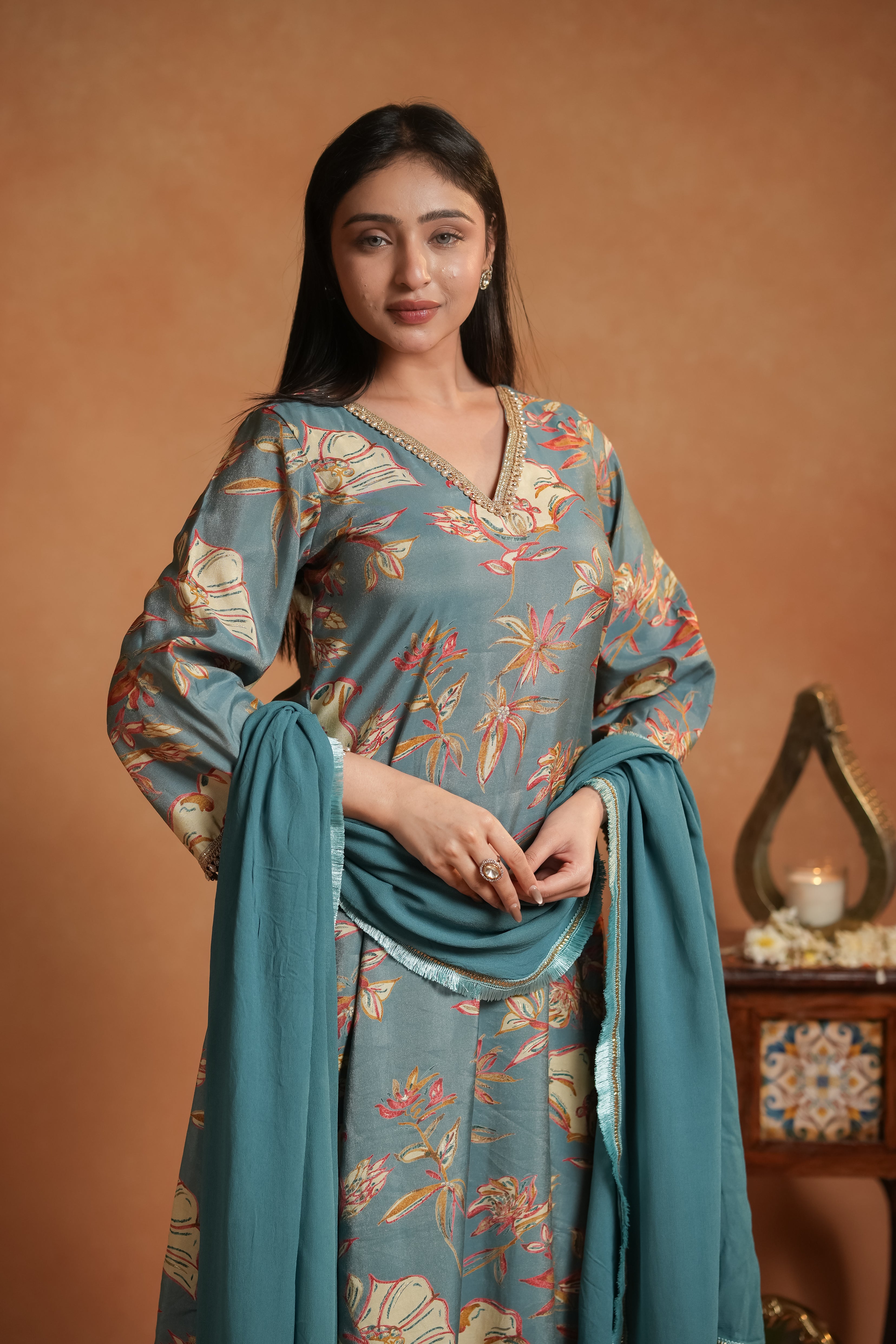 Teal Floral Printed Kurta Set with Dupatta